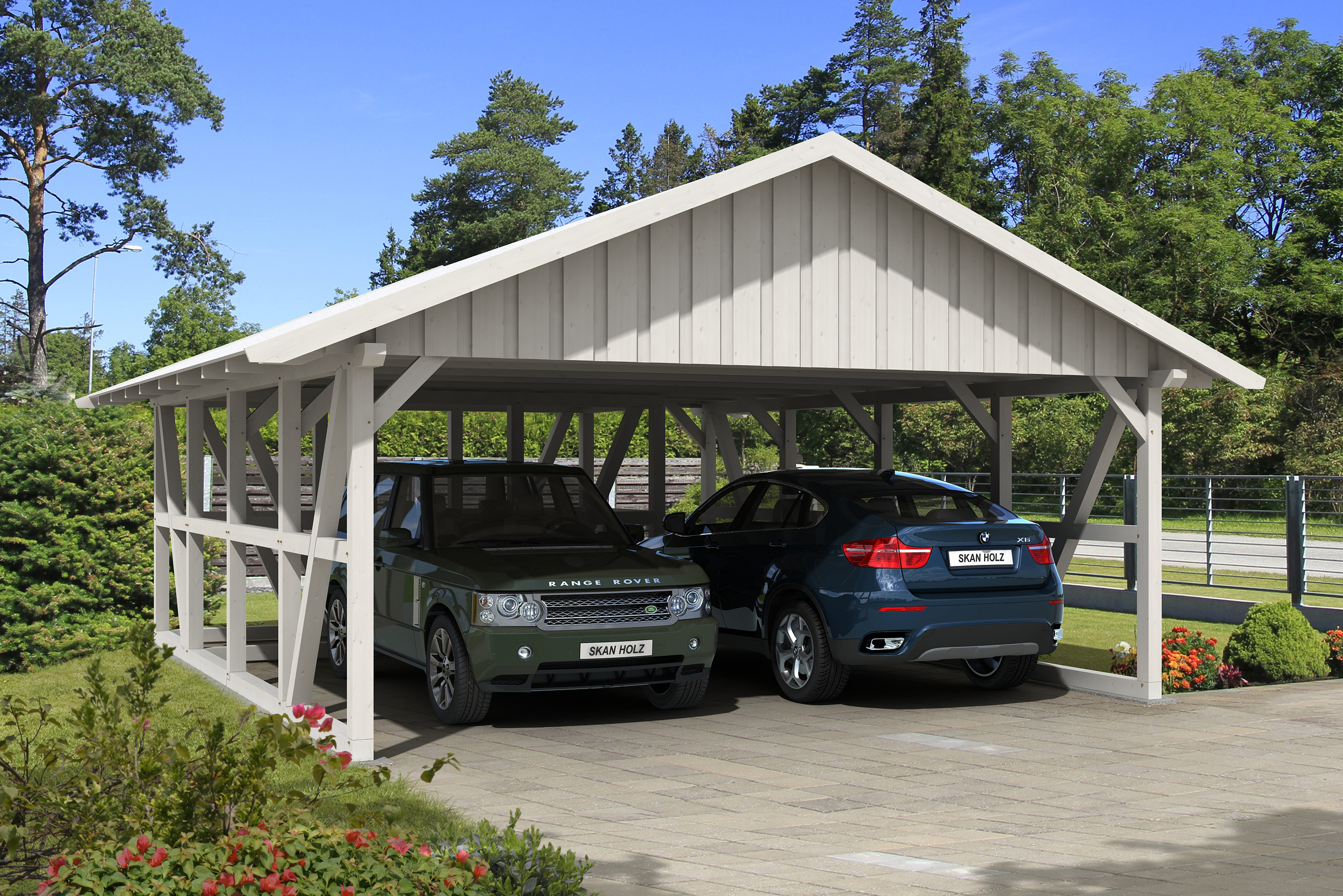 Carport Schwarzwald 684 x 772 cm, met bergruimte 417cm, met dakbetimmering, gelakt in wit