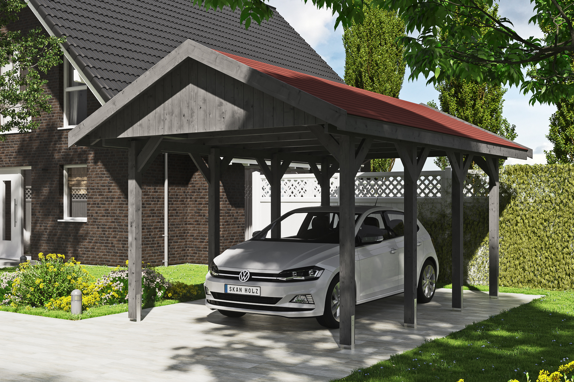 Ambientebild: Carport Wallgau 380 x 600 cm, mit roten Dachschindeln, farblich behandelt in schiefergrau