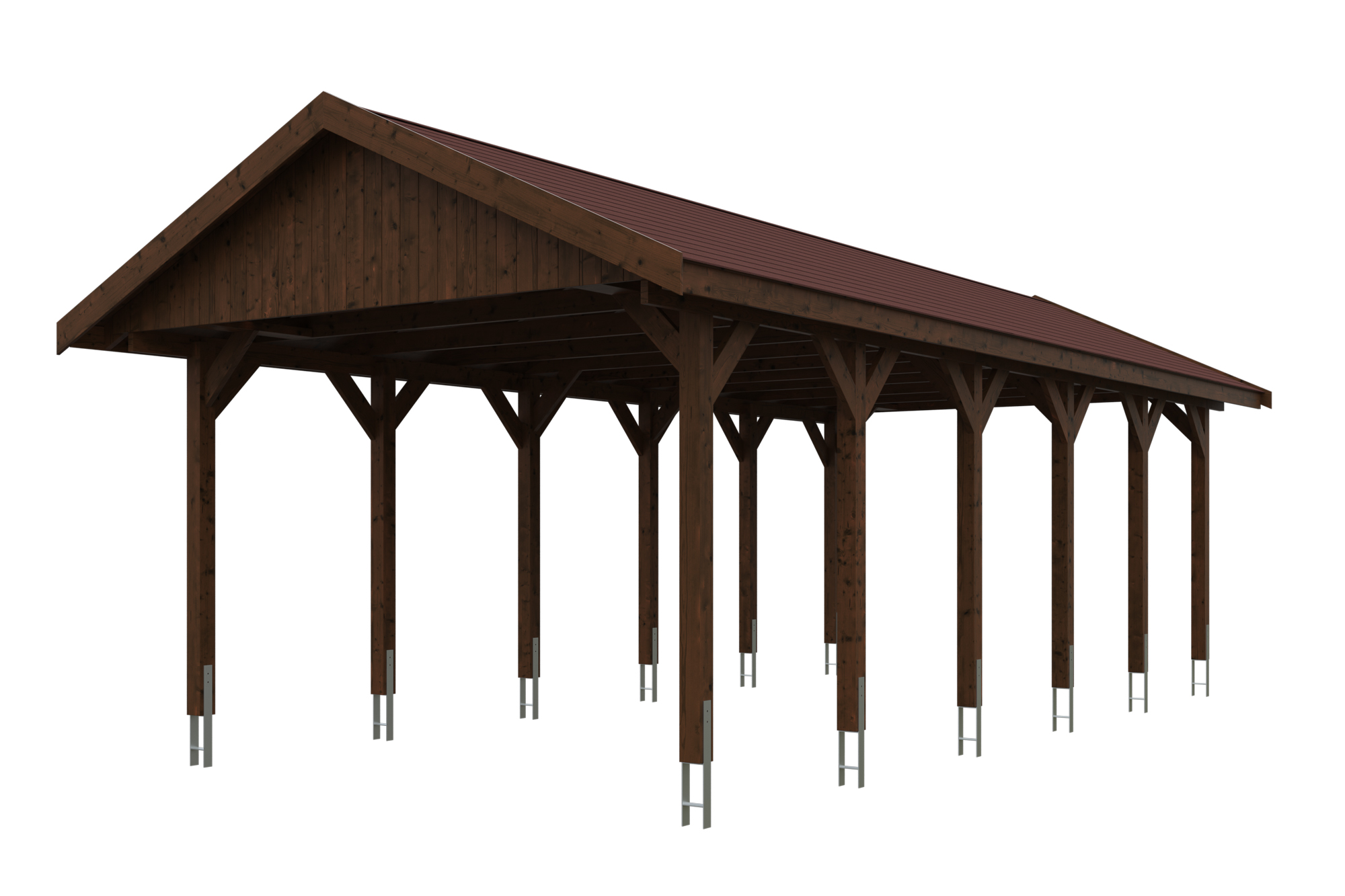 Produktbild: Carport Wallgau 430 x 900 cm, mit roten Dachschindeln, farblich behandelt in nussbaum