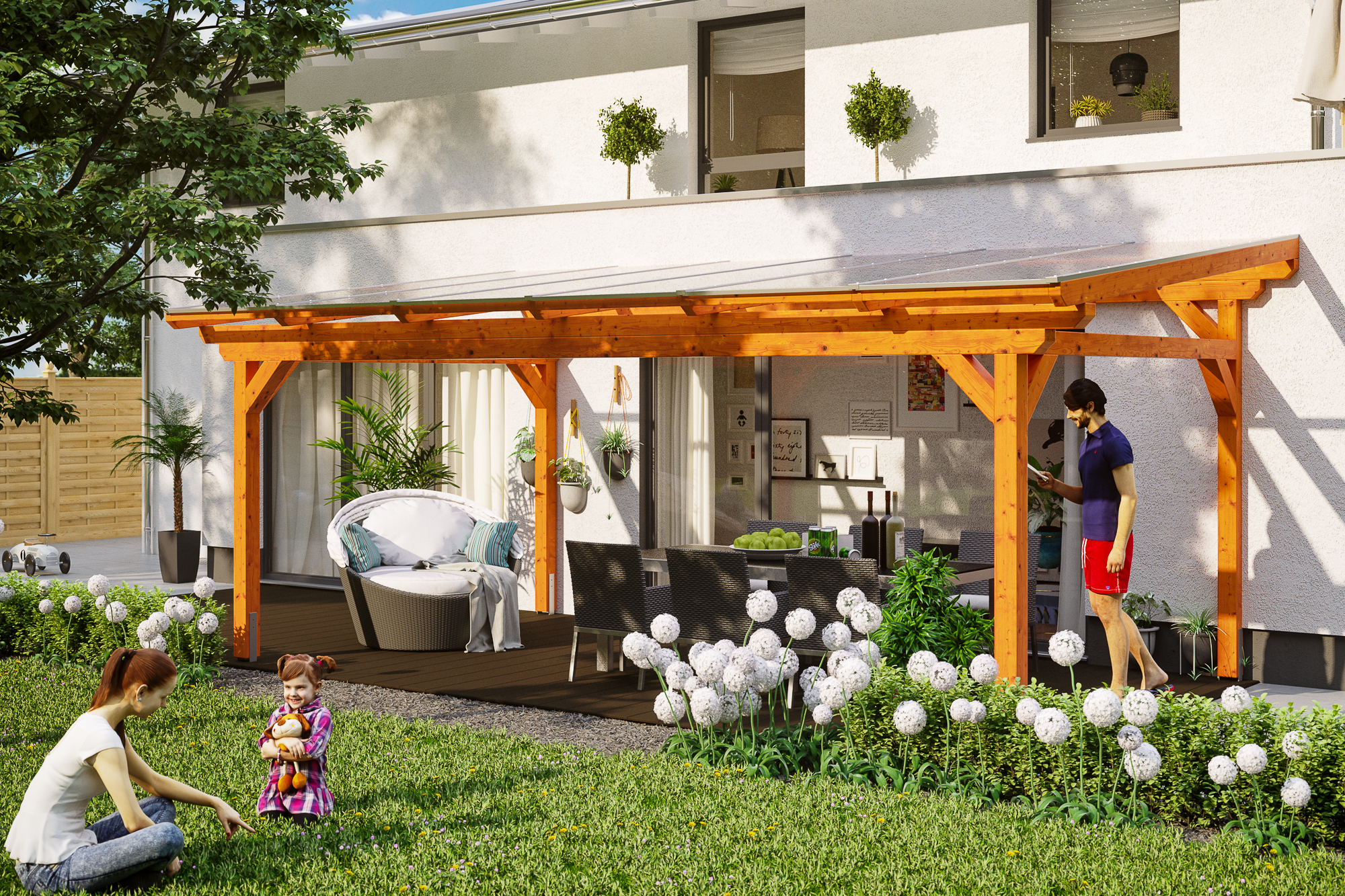 Ambientebild: Terrassenüberdachung Sanremo, Breite 648 cm, farblich behandelt in eiche hell