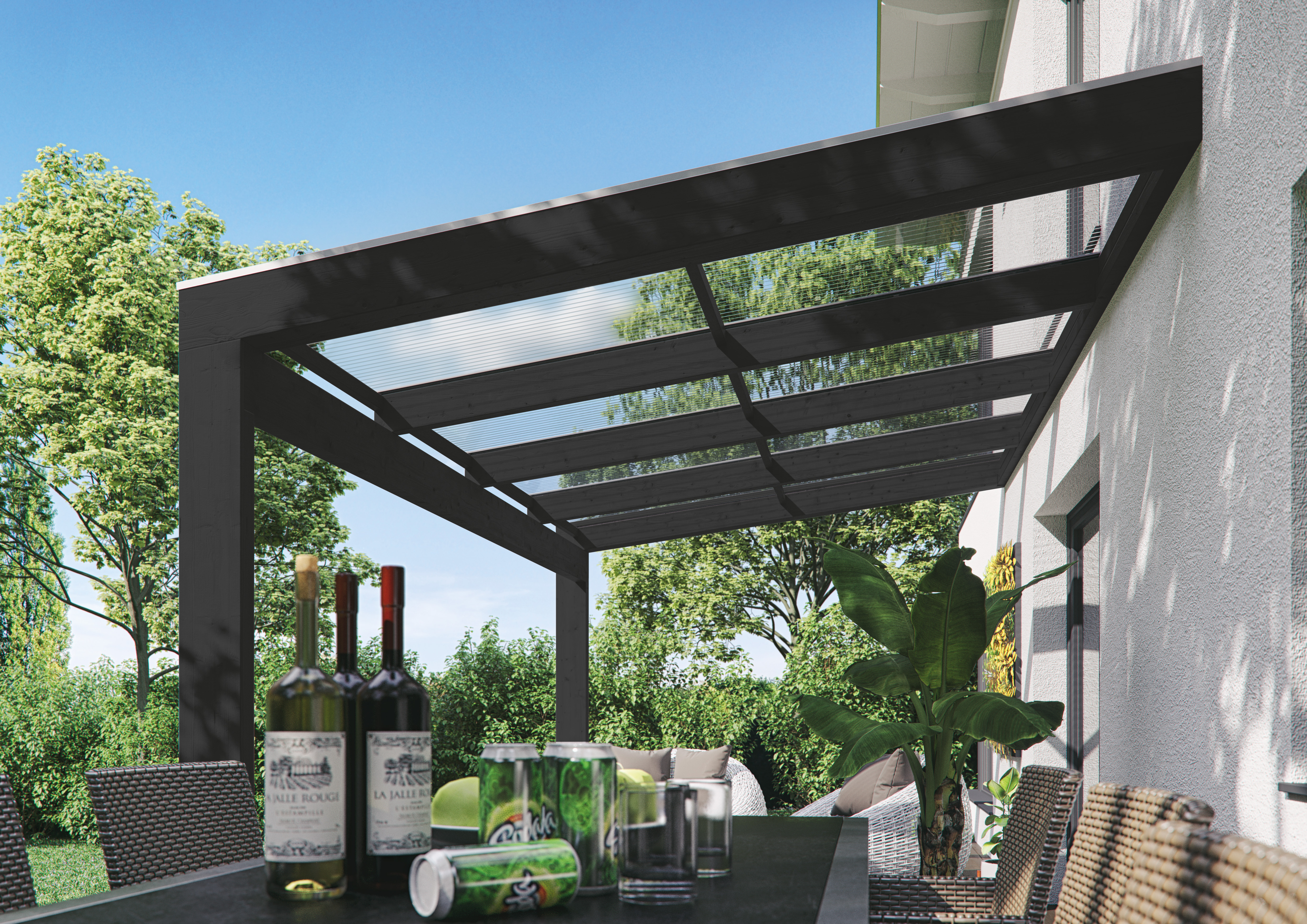 Seitenansicht einer Terrassenüberdachung Novara farblich behandelt in anthrazit