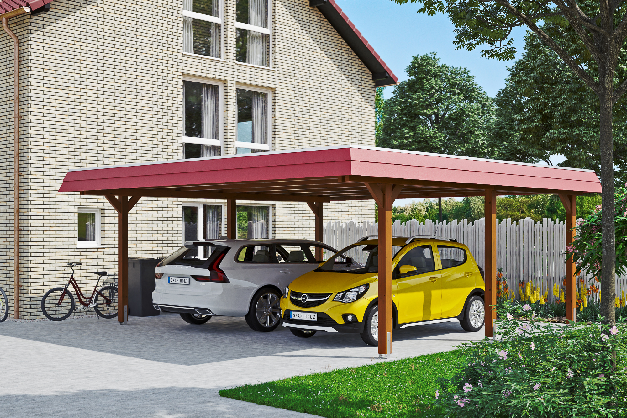 Ambientebild: Carport Wendland 630 x 637 cm, mit roter Blende, farblich behandelt in nussbaum