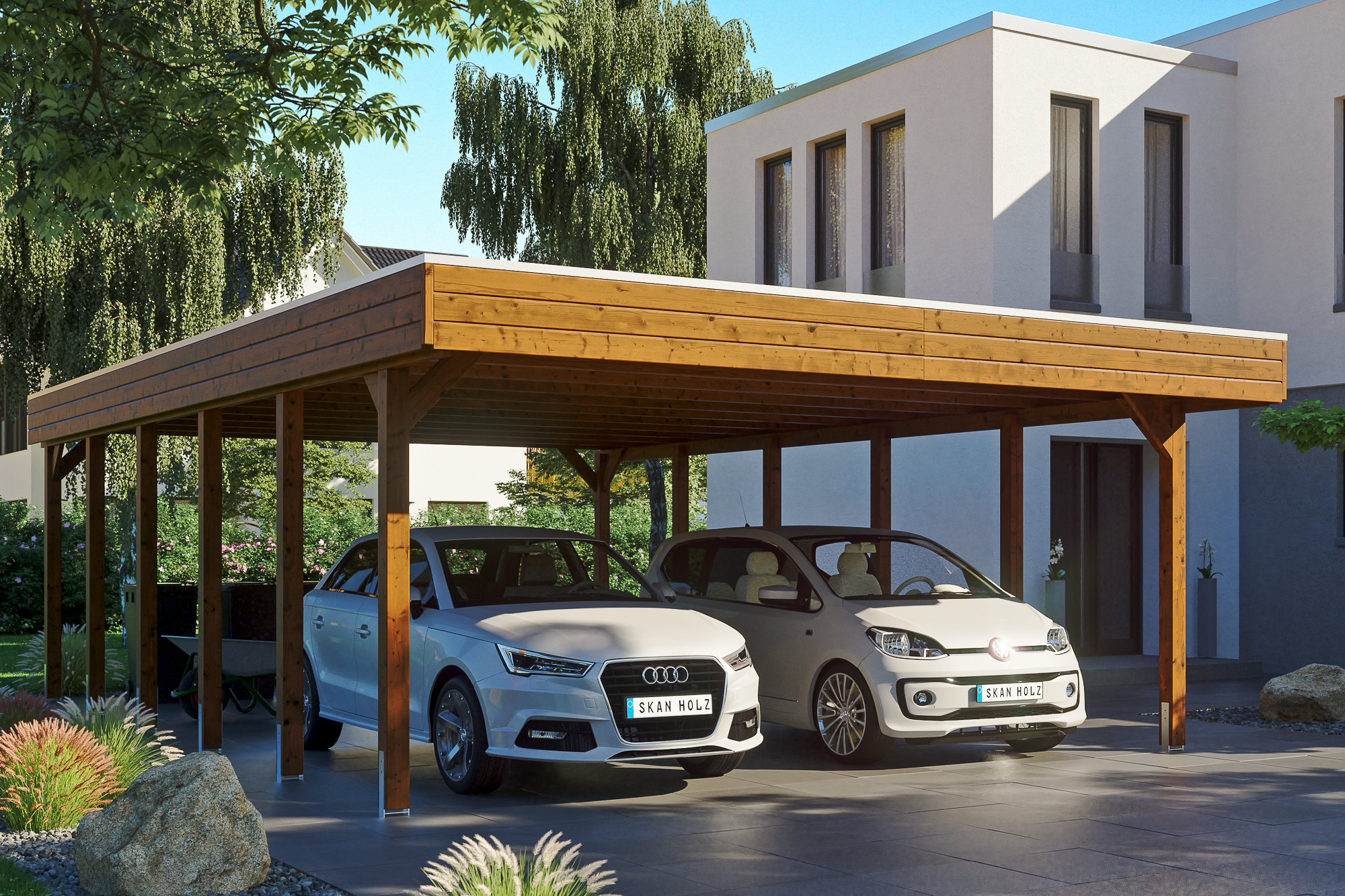 Ambientebild: Carport Friesland 557 x 860 cm, farblich behandelt in nussbaum