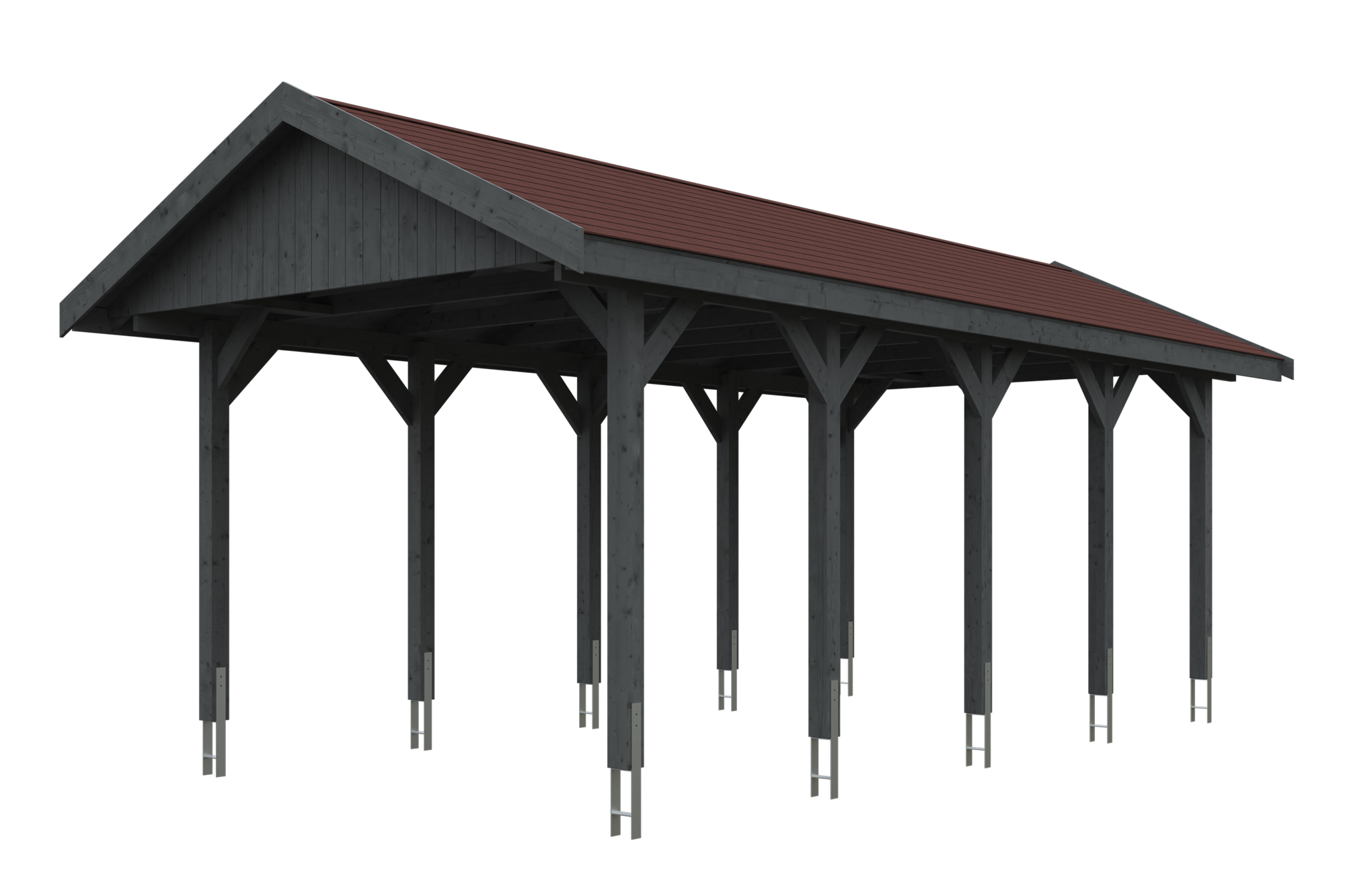Produktbild: Carport Wallgau 380 x 750 cm, mit roten Dachschindeln, farblich behandelt in schiefergrau
