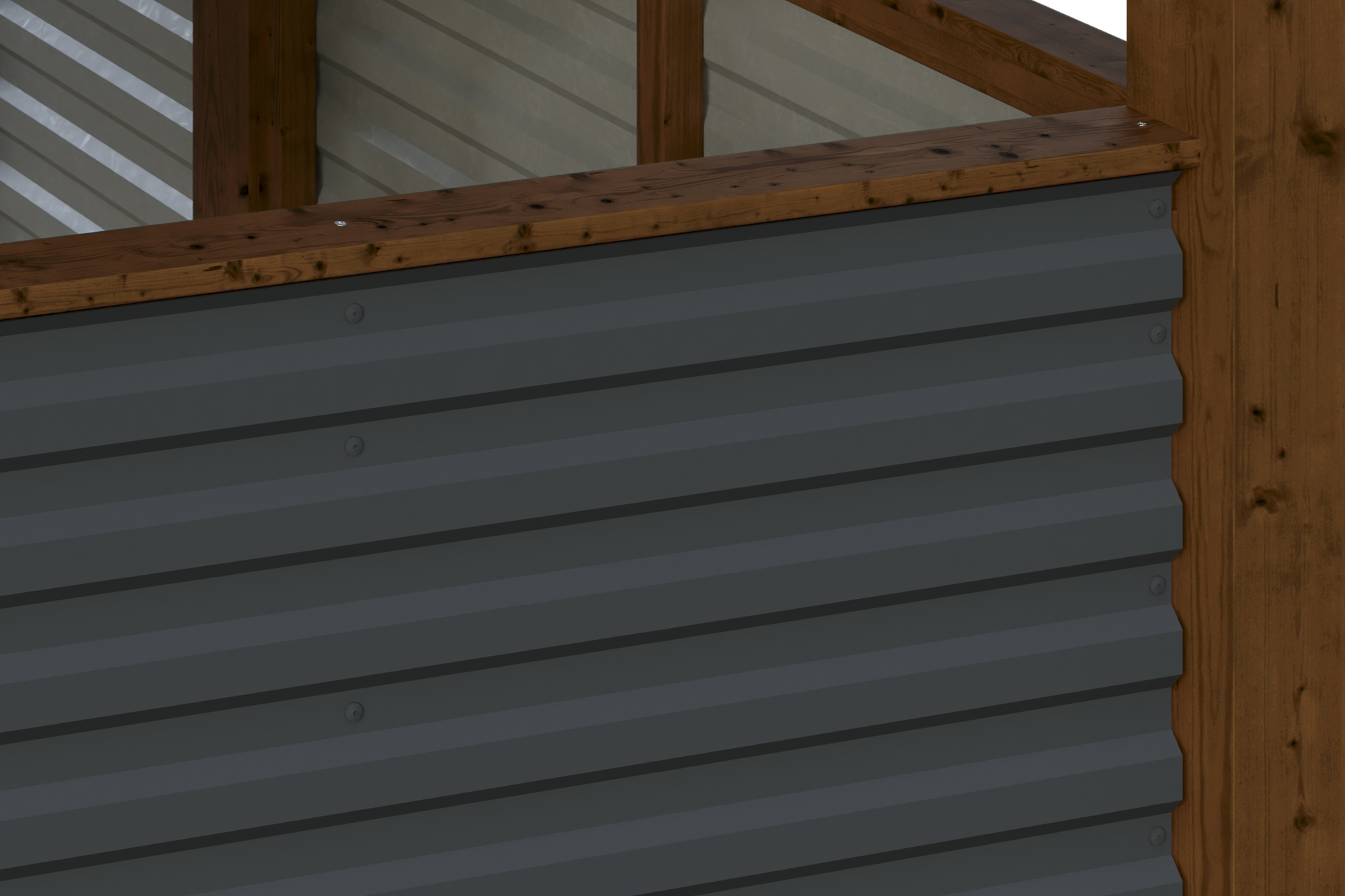 Detailbild: Aluminiumwand beim Carport Friesland, farblich behandelt in nussbaum