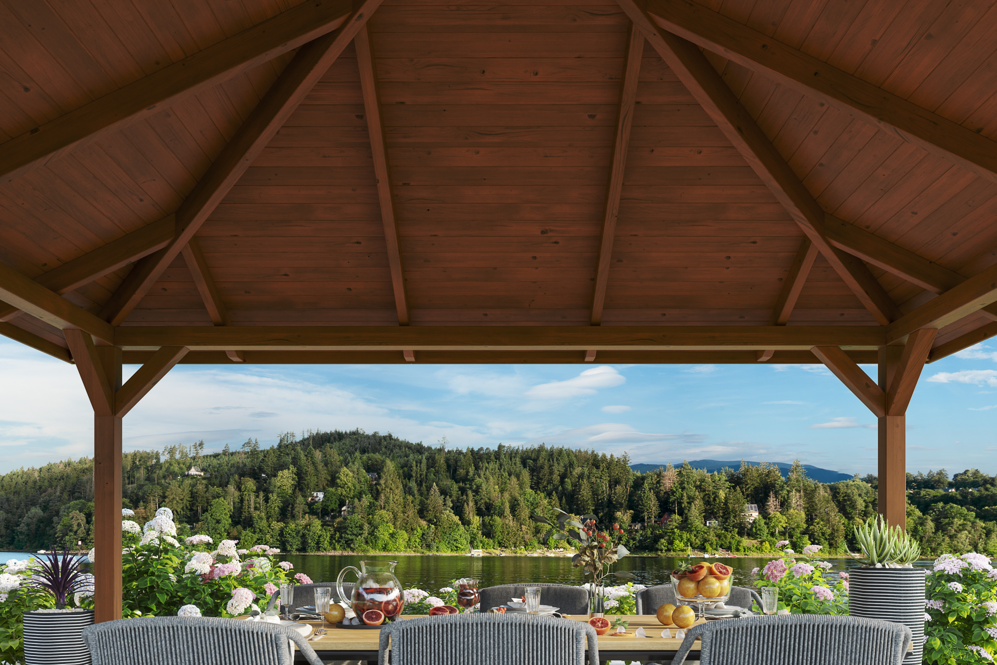 Detailbild: Innenansicht Pavillon Cannes 3, farblich behandelt in nussbaum