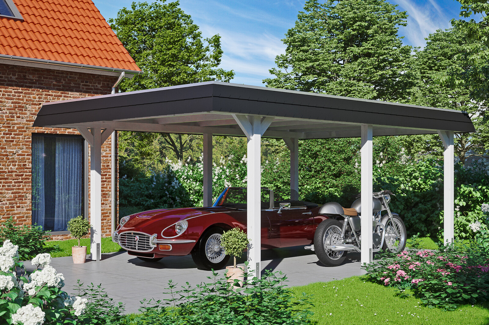 Carport Wendland 409 x 628 cm mit EPDM-Dach, schwarze Blende, weiß
