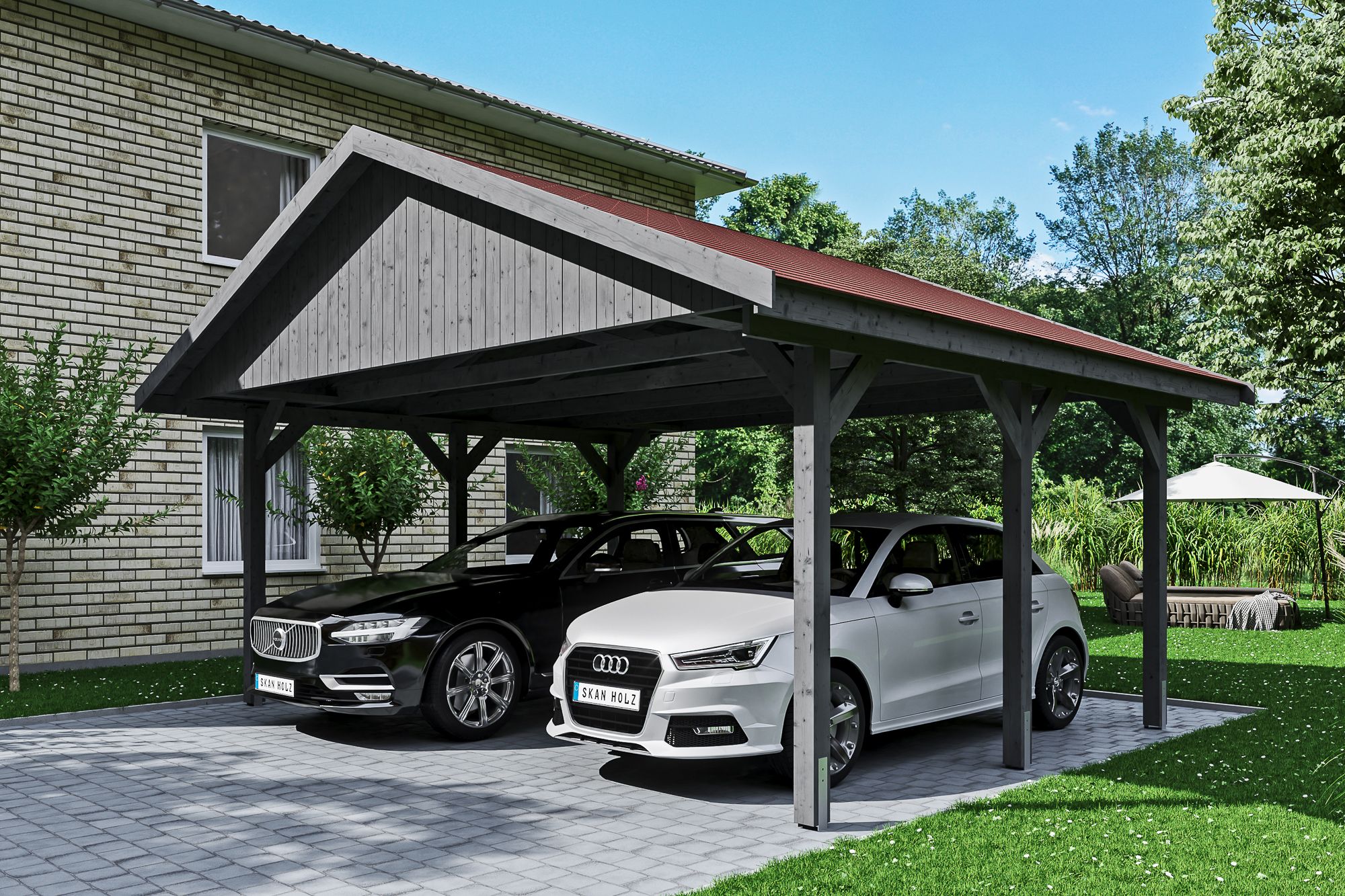 Ambientebild: Carport Wallgau 620 x 500 cm, mit roten Dachschindeln, farblich behandelt in schiefergrau