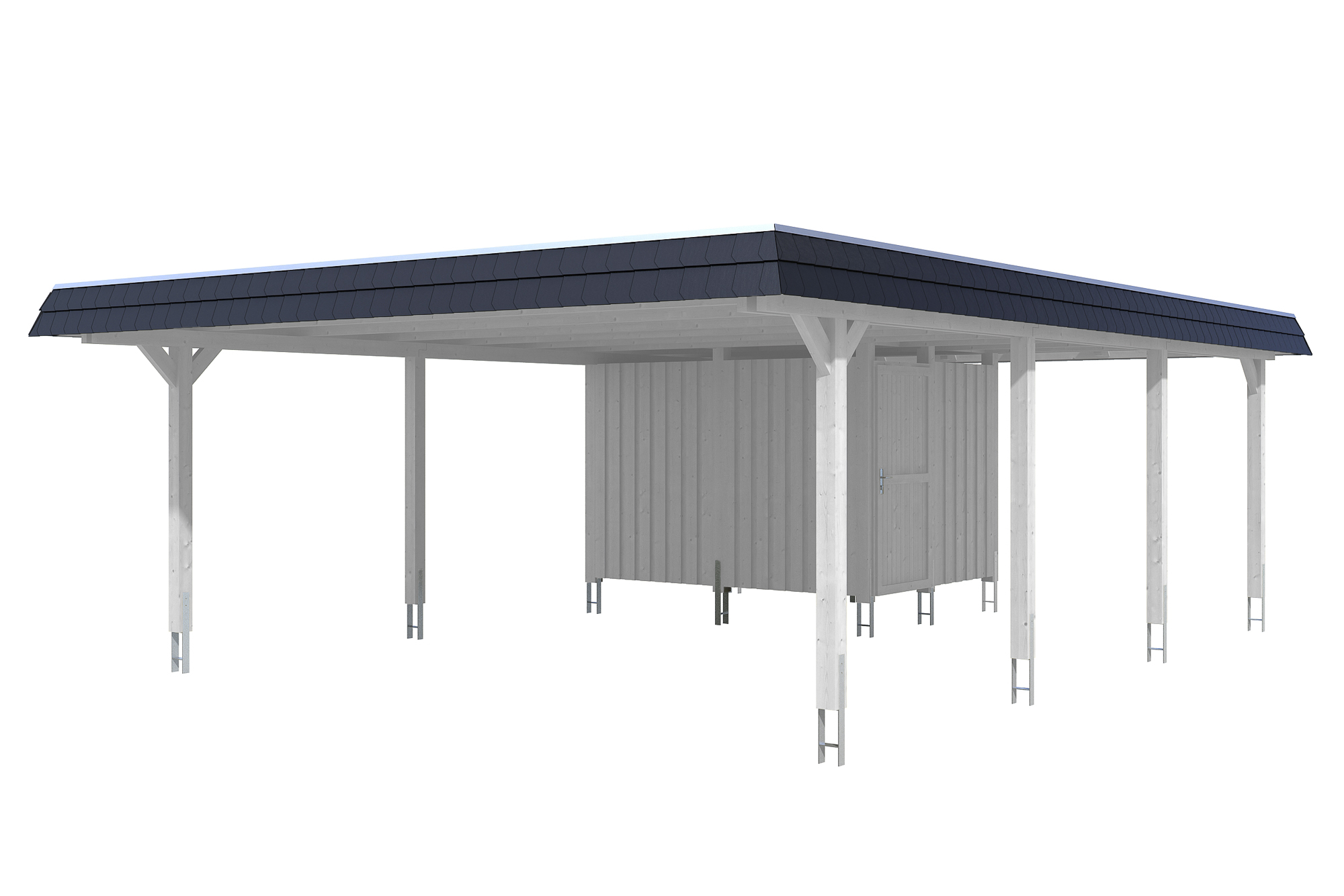 Produktbild: Carport Wendland 630 x 879 cm, mit Abstellraum, mit schwarzer Blende, farblich behandelt in weiß