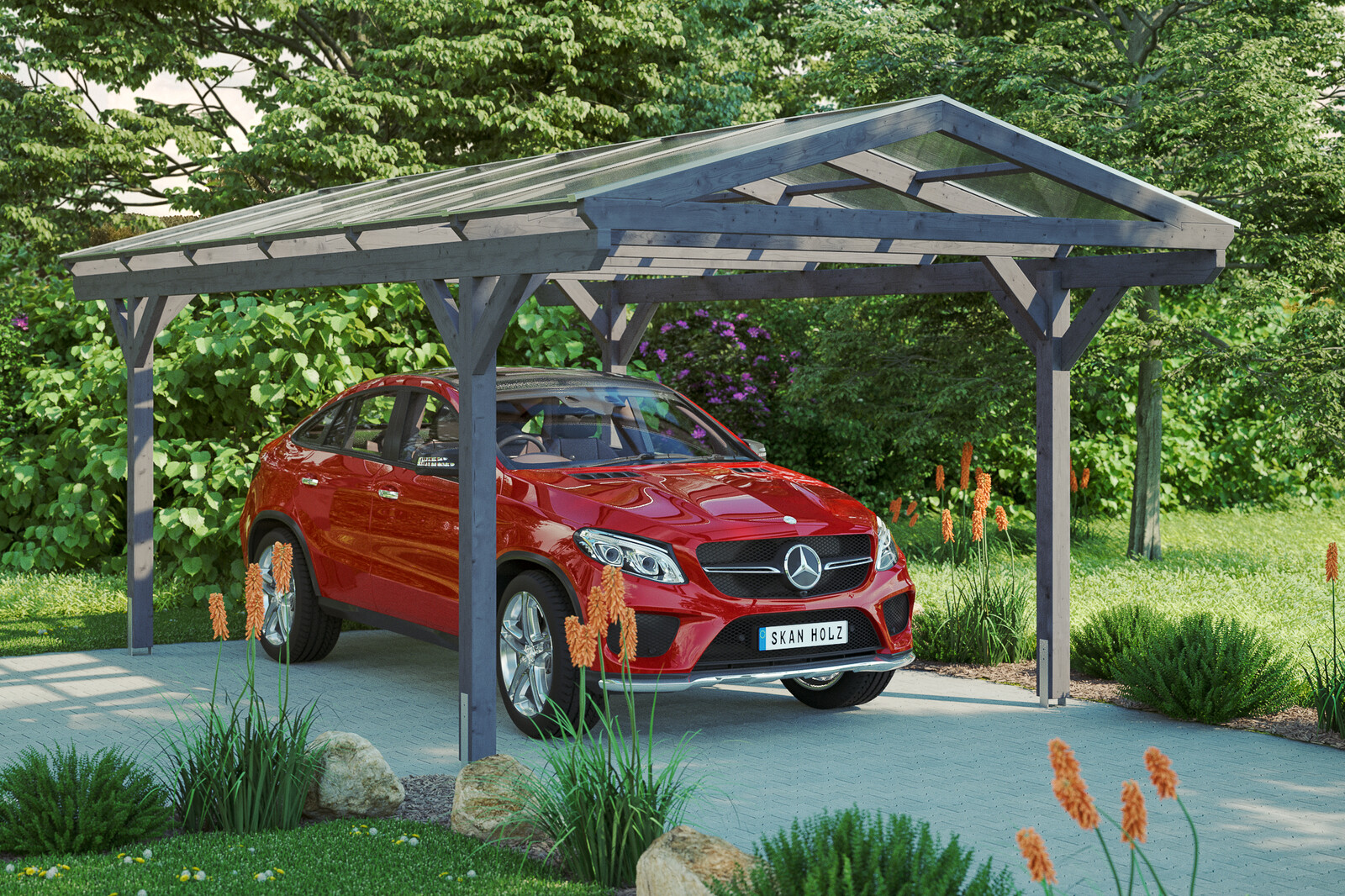 Carport Westerwald 362 x 648 cm, gelakt in leigrijs, met polycarbonaatplaten