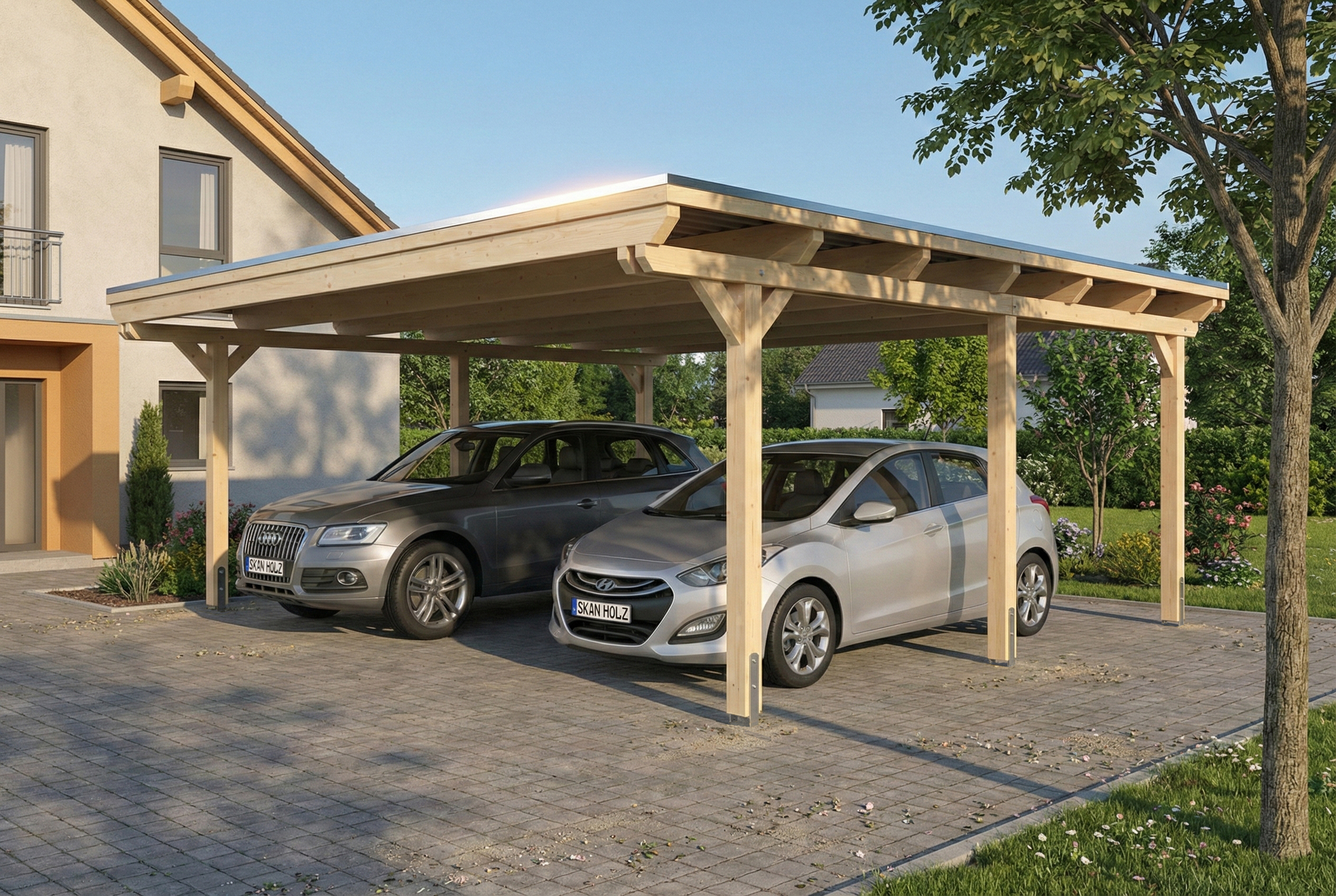 Carport Emsland 609 x 604 cm, stalen dakplaten met anticondensvlies, naturel