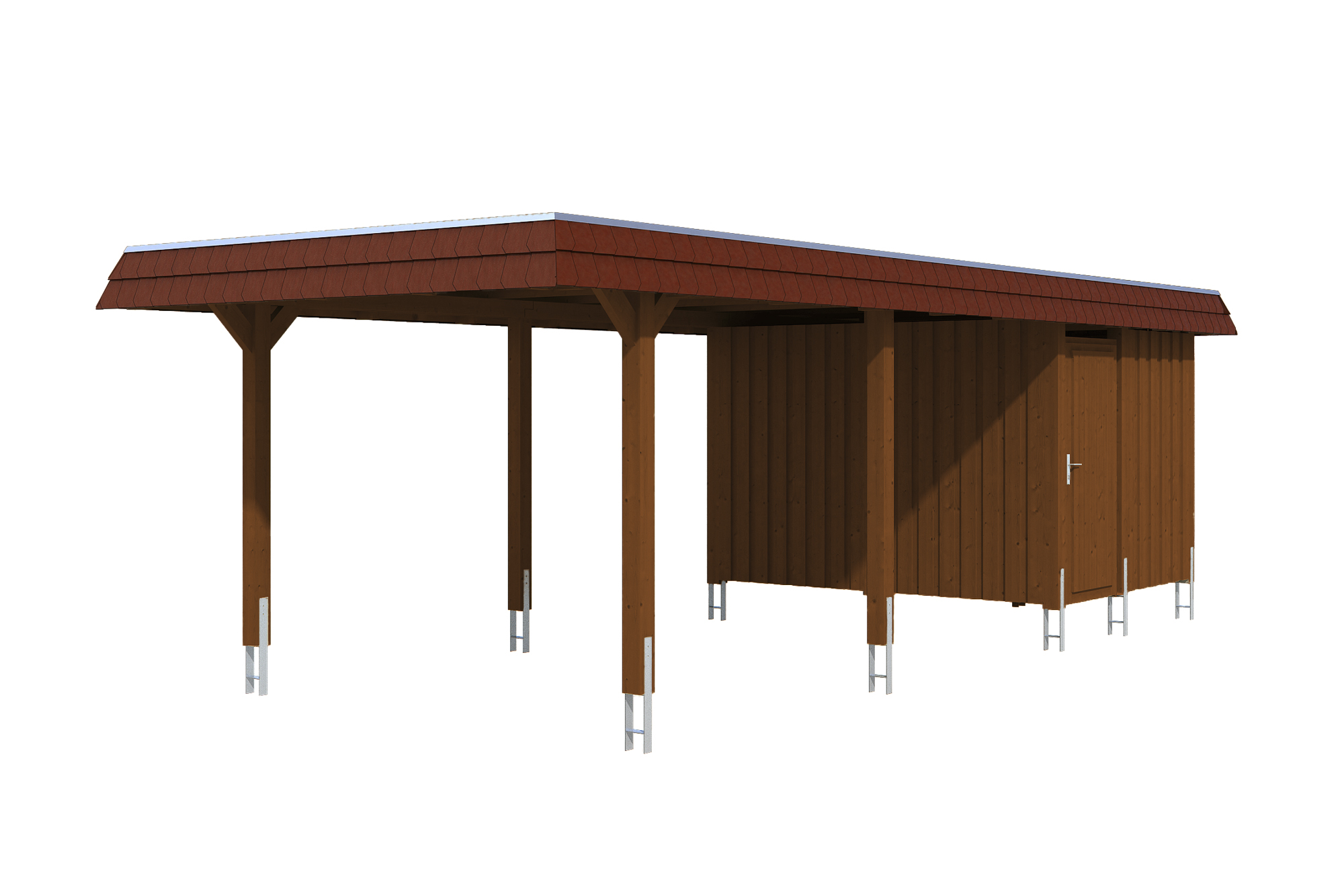 Produktbild: Carport Wendland 362 x 870 cm, mit Abstellraum, mit roter Blende, farblich behandelt in nussbaum