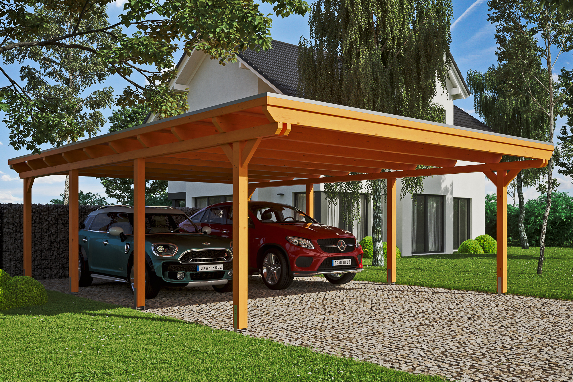 Carport Emsland 613 x 846 cm, gelakt in licht eiken, met Aluminium dakplaten