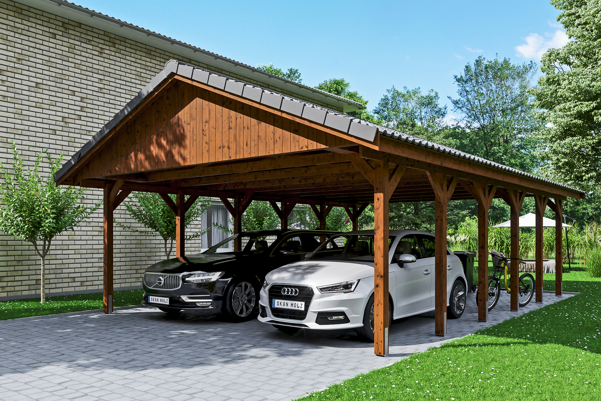 Carport Wallgau 620 x 900 cm, gelakt in noten, met daklatten