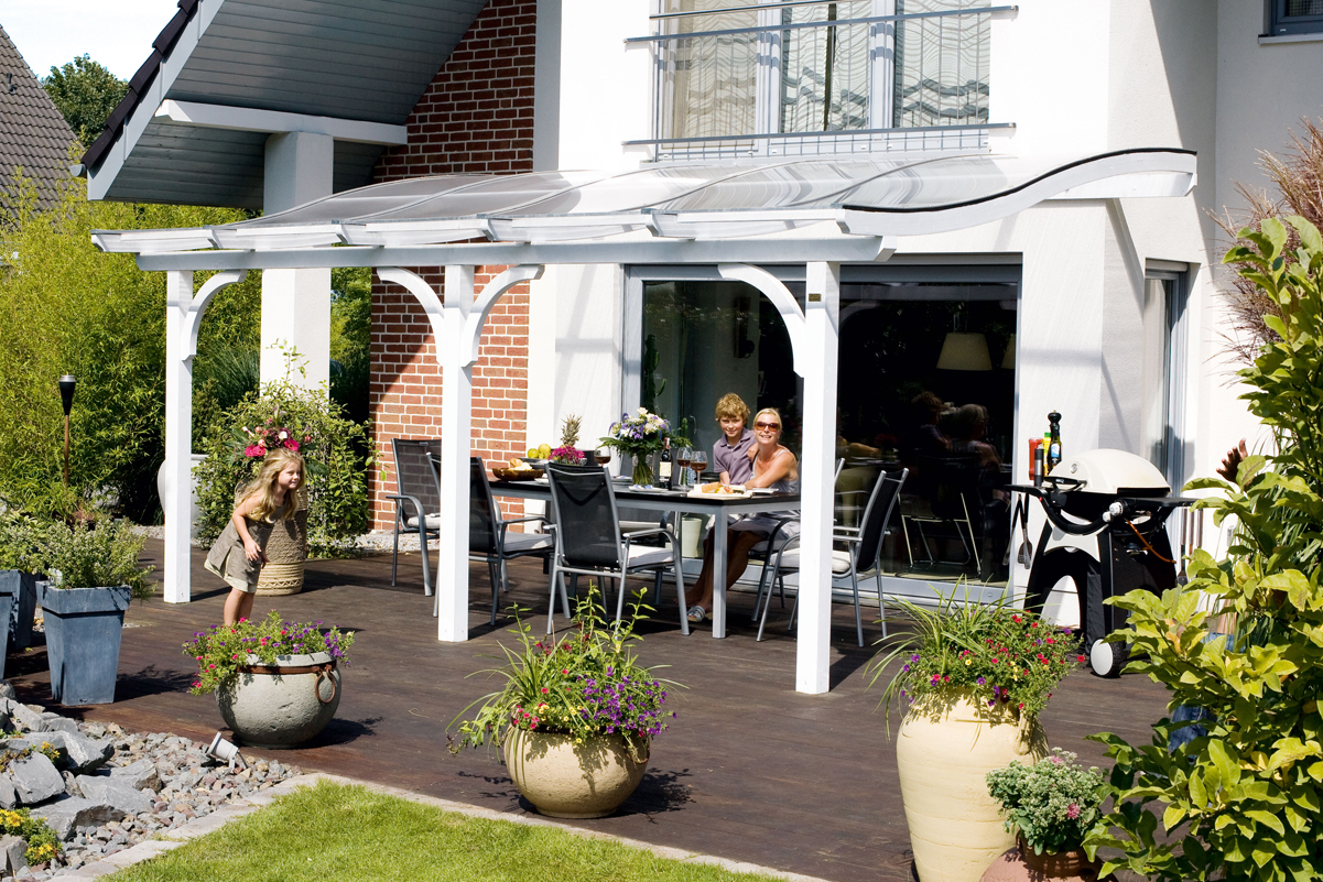 Terrasoverkapping Venezia 434 x 239 cm, gelamineerd hout, gelakt in wit