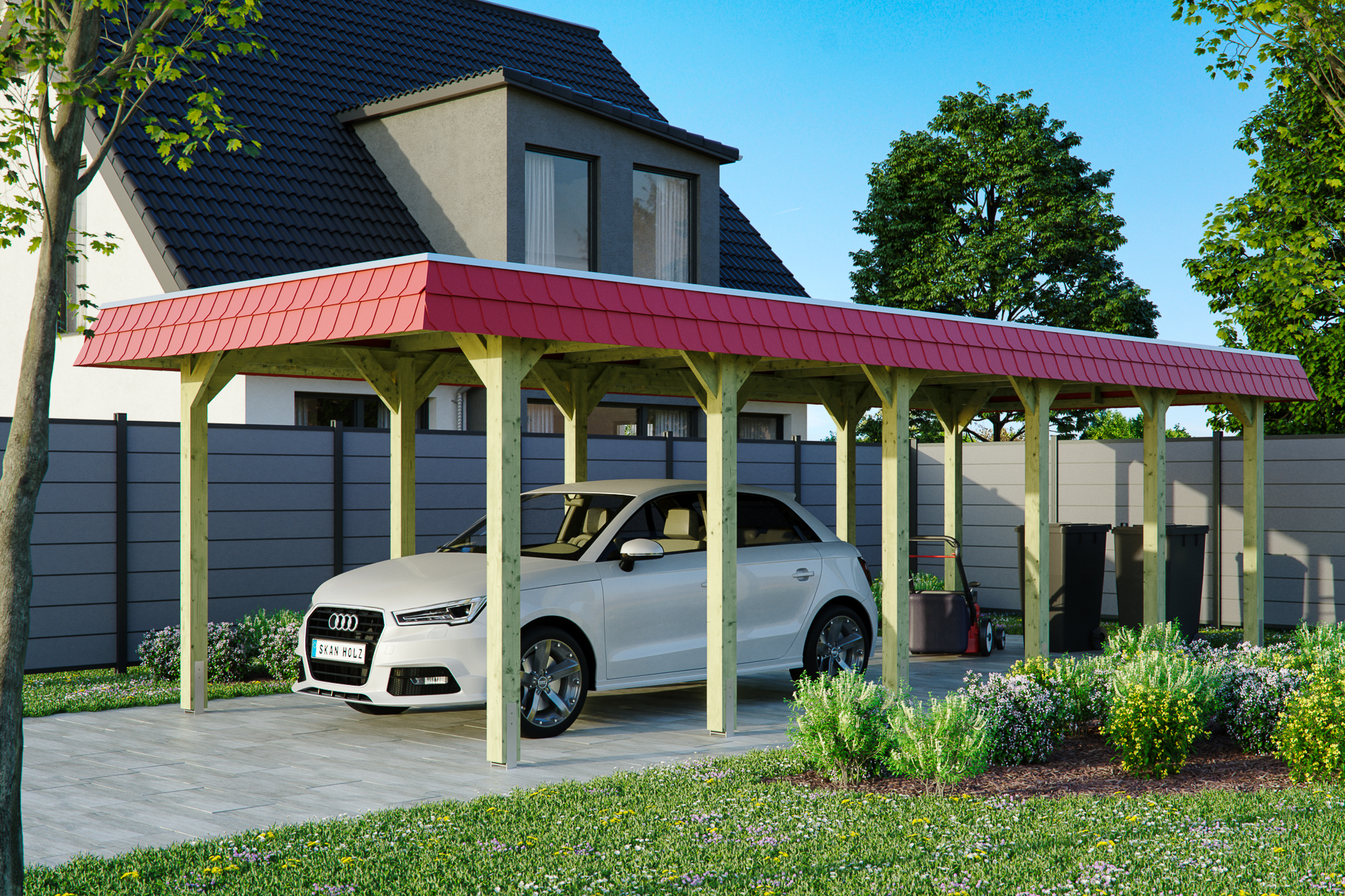 Ambientebild: Carport Spreewald 345 x 893 cm mit roter Blende, grün imprgniert