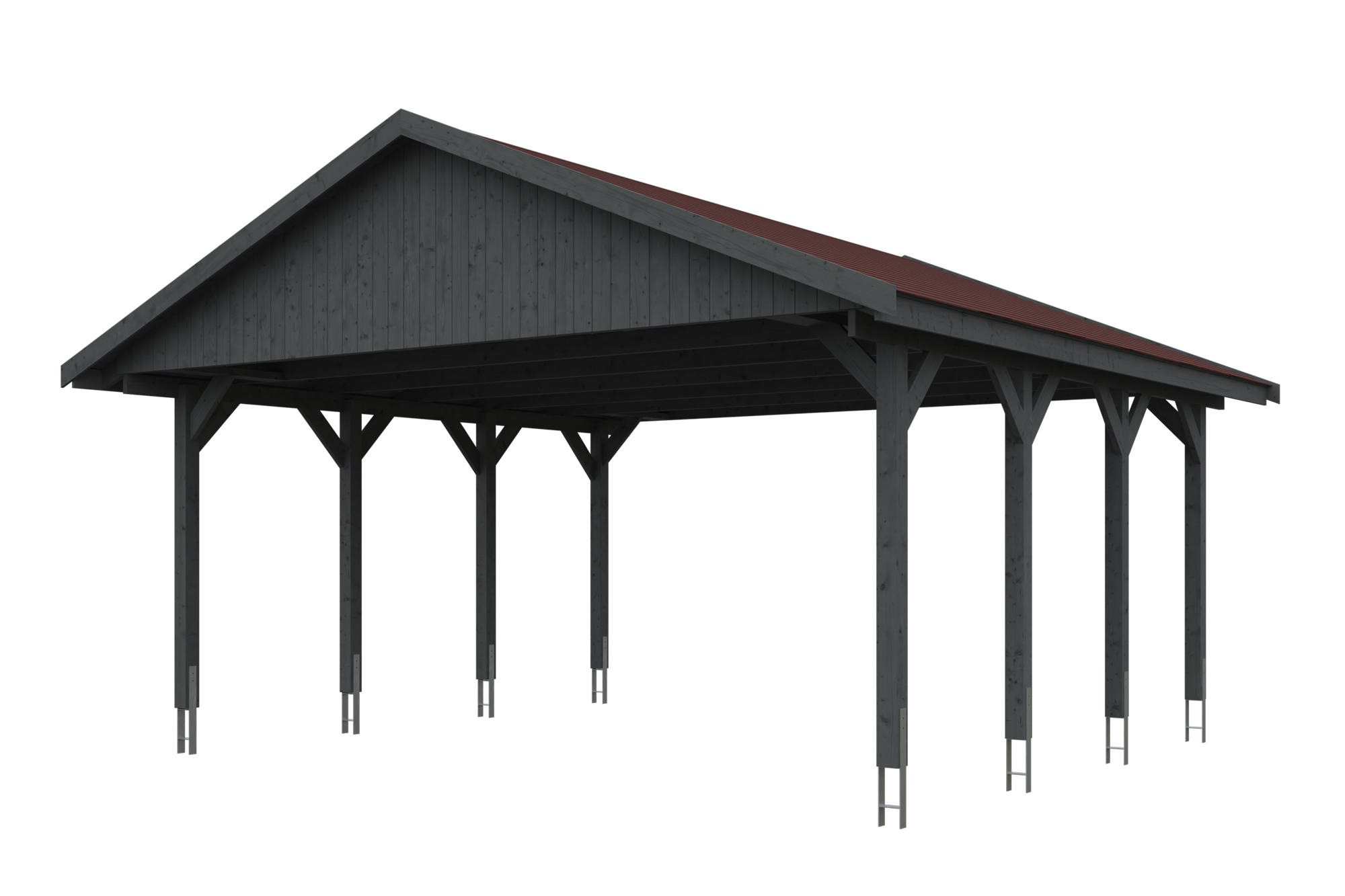 Carport Wallgau 620 x 600 cm, gelakt in leigrijs, inclusief rode dakshingels
