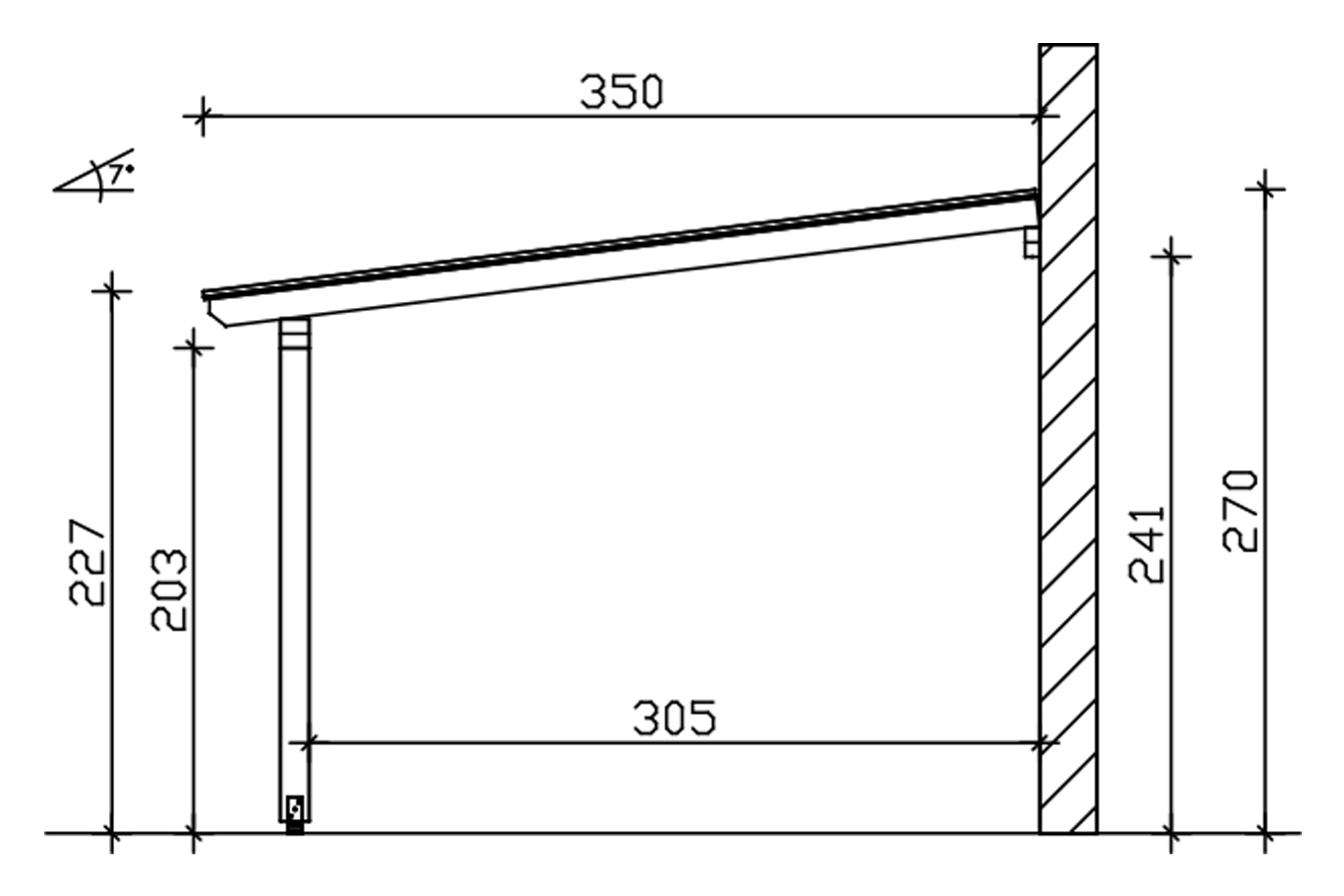 Grafik (Schnitt): Terrassenüberdachung Andria/Bormio, Tiefe 350 cm