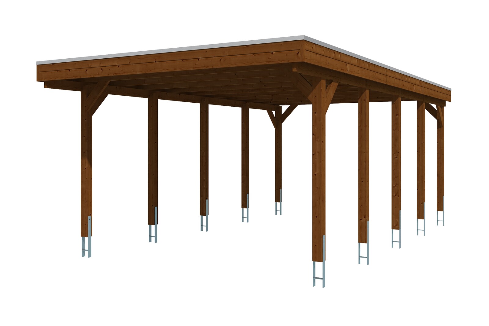 Carport FRIESLAND 397x708cm, avec panneaux de toit en aluminium, bois résineux imprégné, traitement coloré noyer