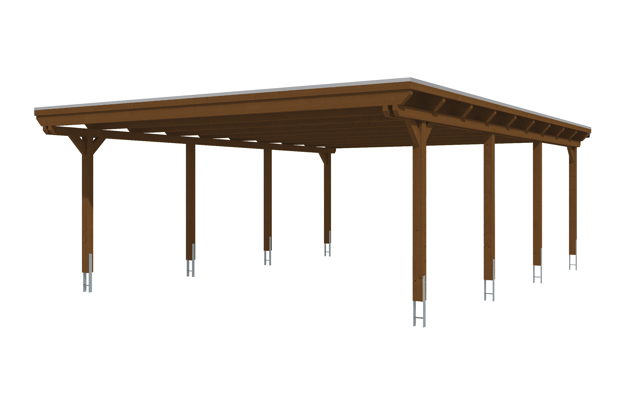 Carport Emsland 613 x 846 cm, gelakt in noten, met Aluminium dakplaten