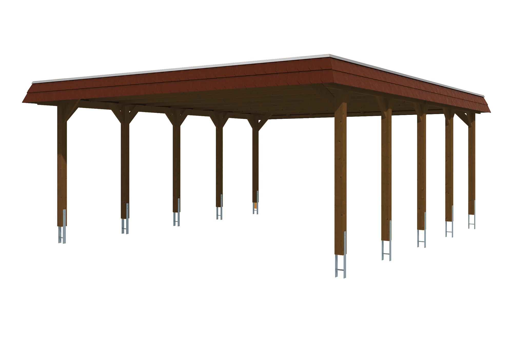Produktbild: Carport Spreewald 585 x 741 cm mit roter Blende, farblich behandelt in nussbaum