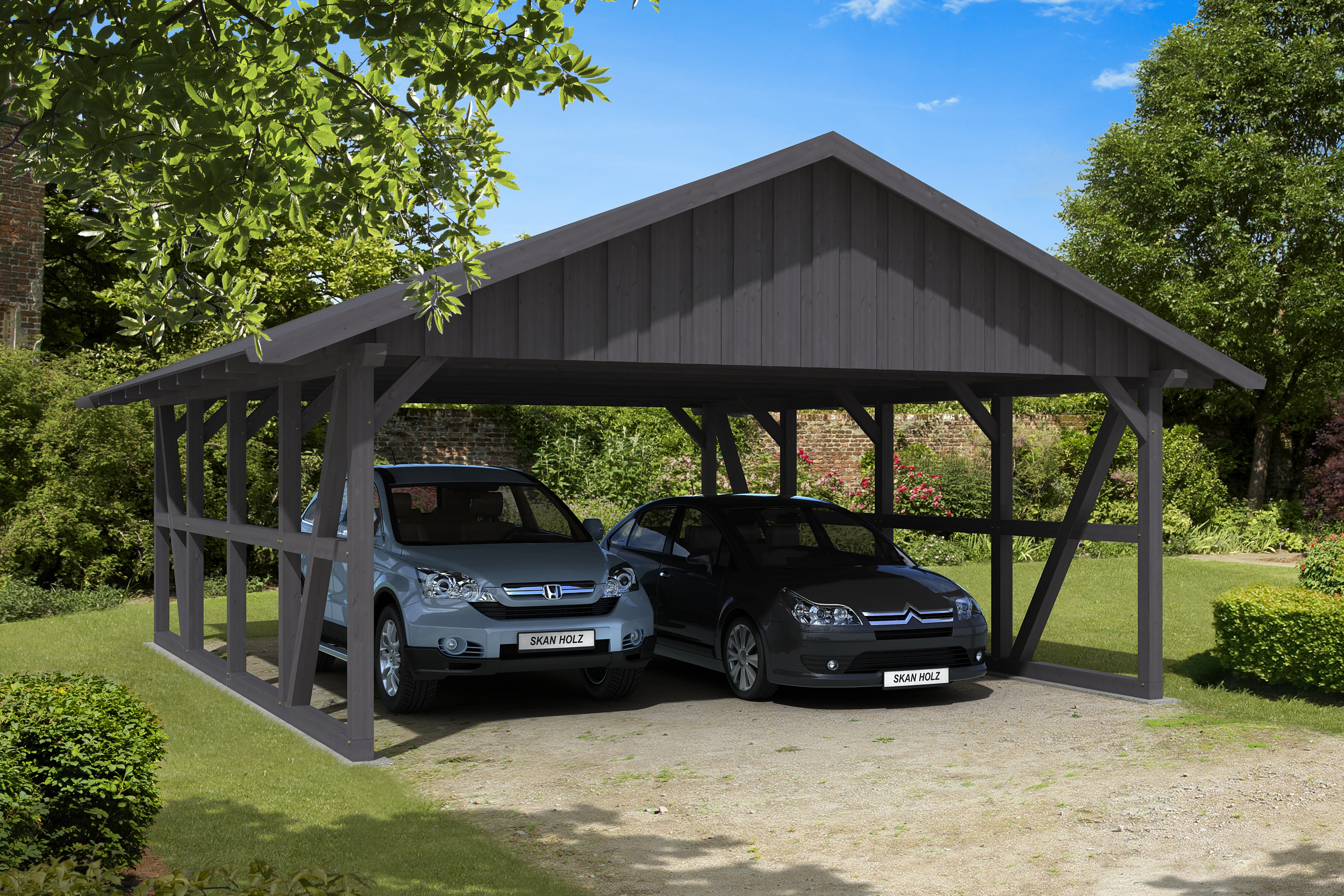 Carport Schwarzwald 684 x 772 cm met dakbetimmering, gelakt in leigrijs