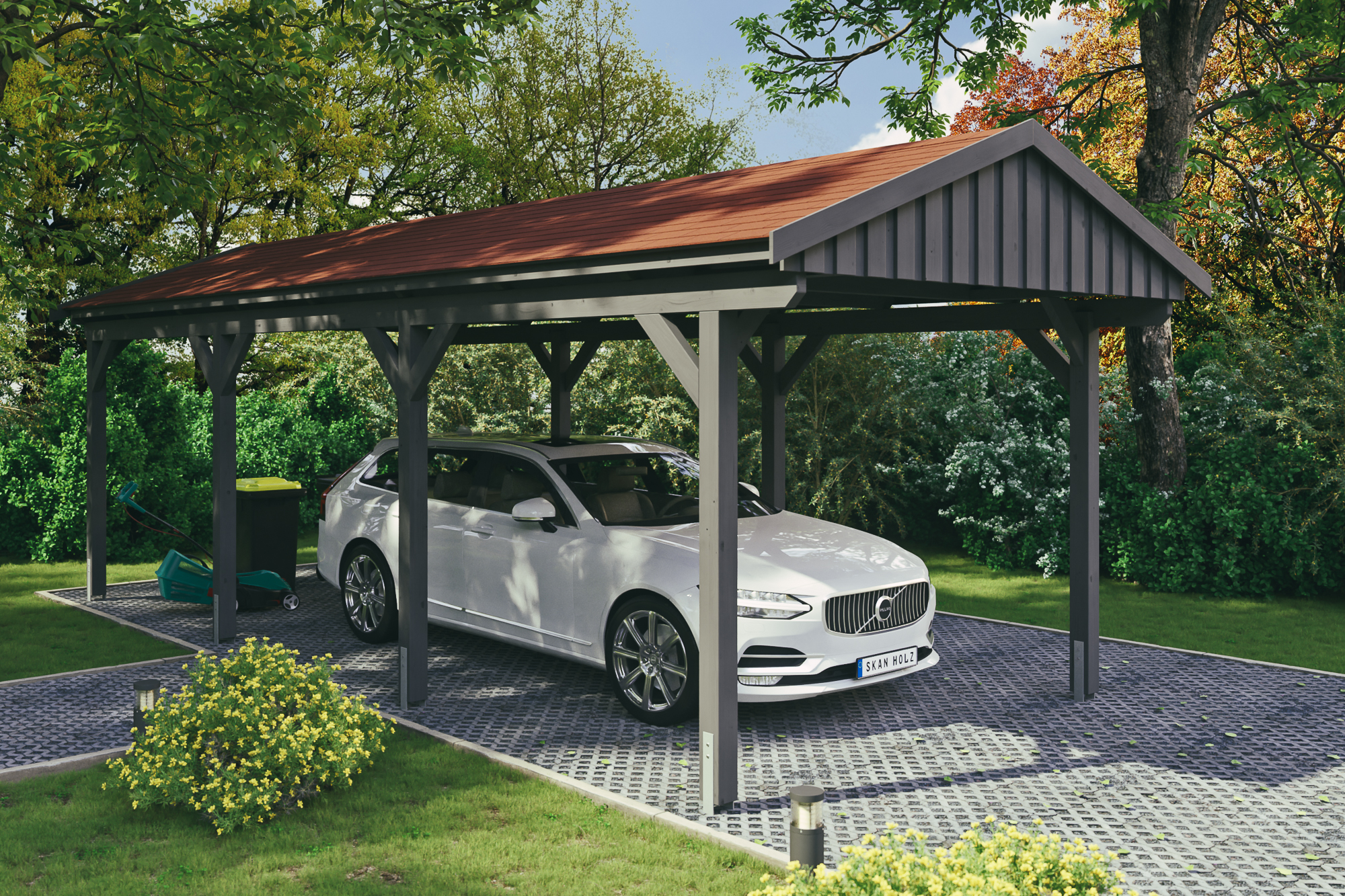 Ambientebild: Carport Fichtelberg 317 x 808 cm, farblich behandelt in schiefergrau, mit roten Dachschindeln