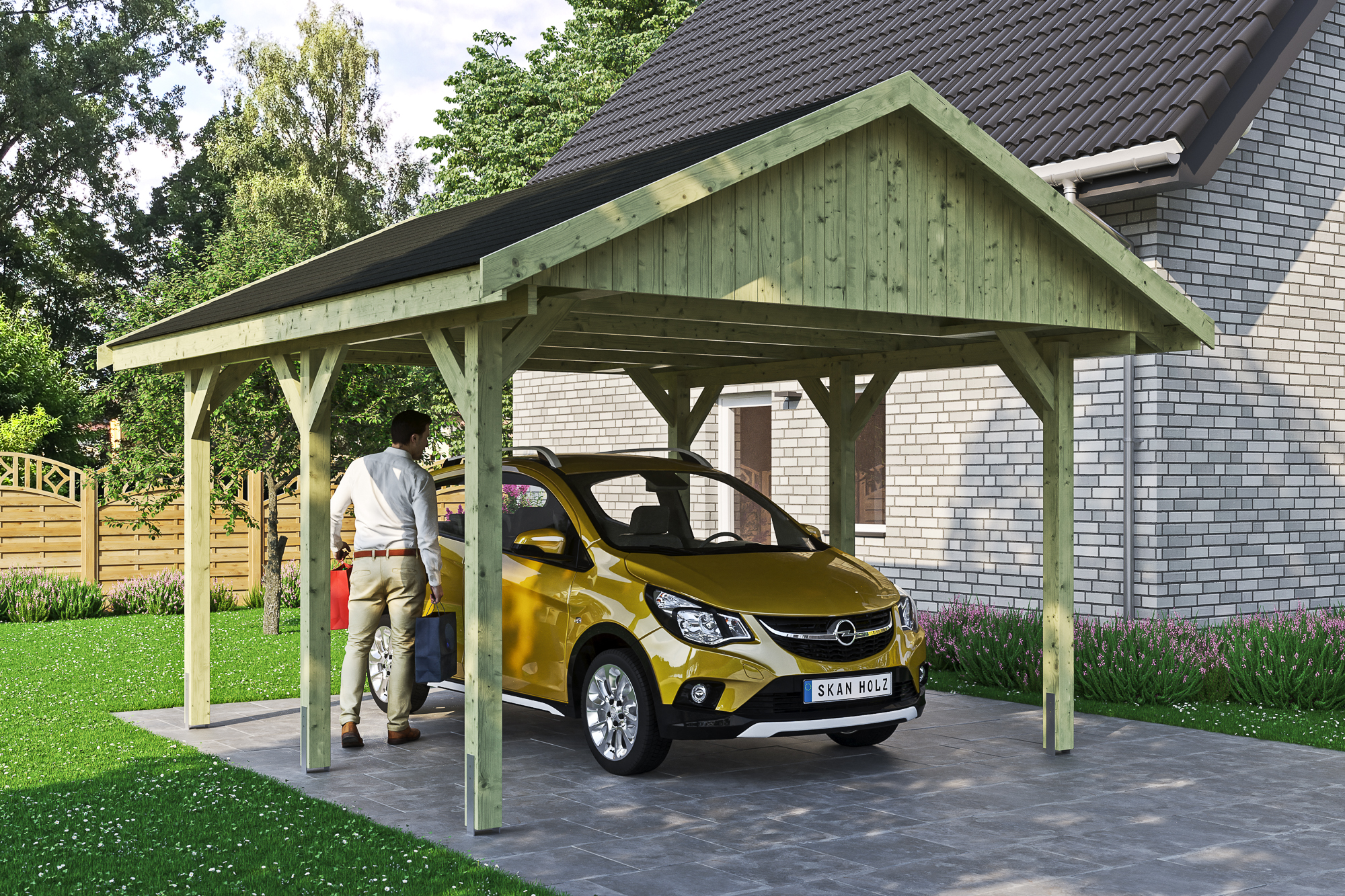 Ambientebild: Carport Wallgau 430 x 500 cm, mit schwarzen Dachschindeln, grün imprägniert 
