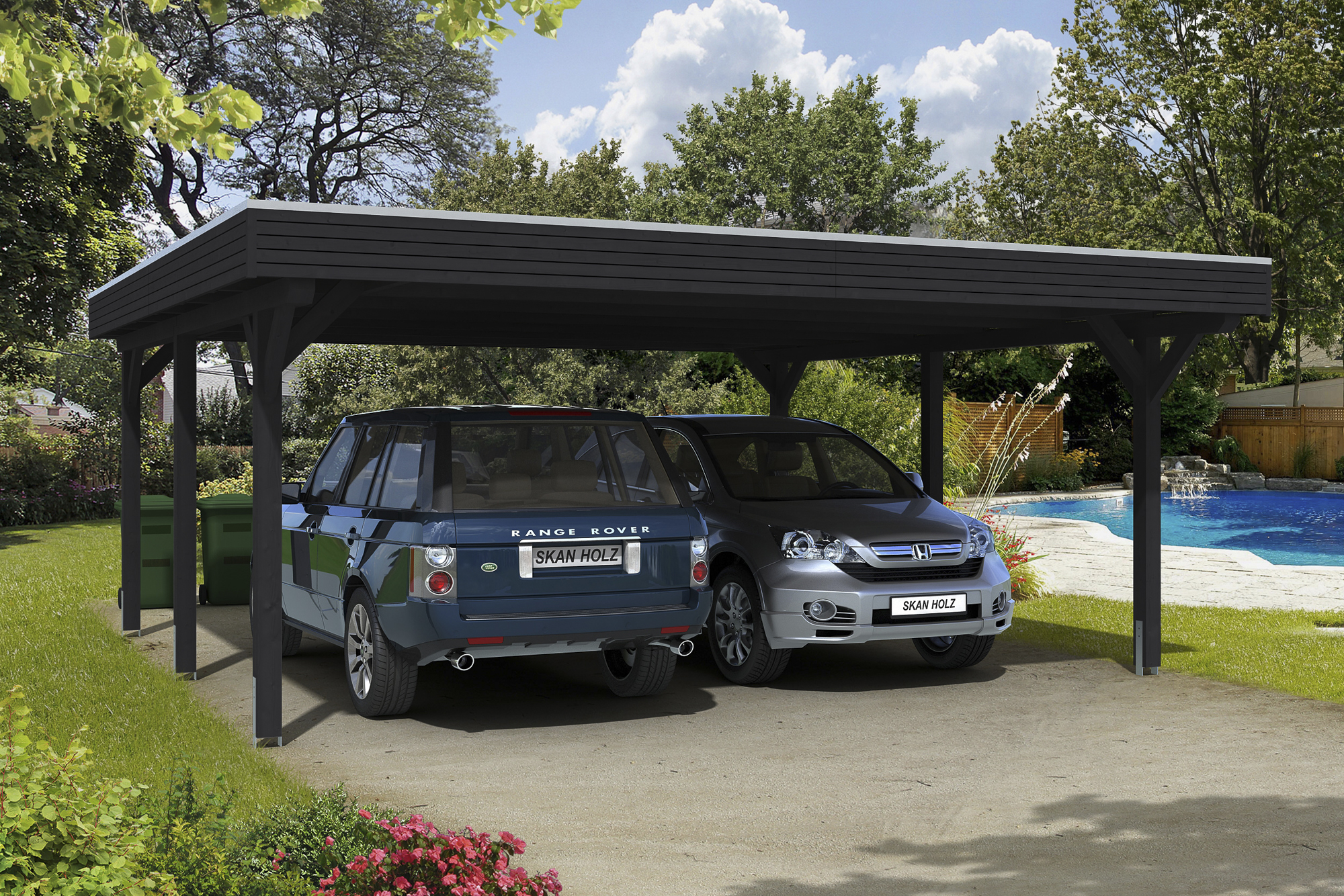 Ambientebild: Carport Spessart 611 x 604 cm, farblich behandelt in anthrazit