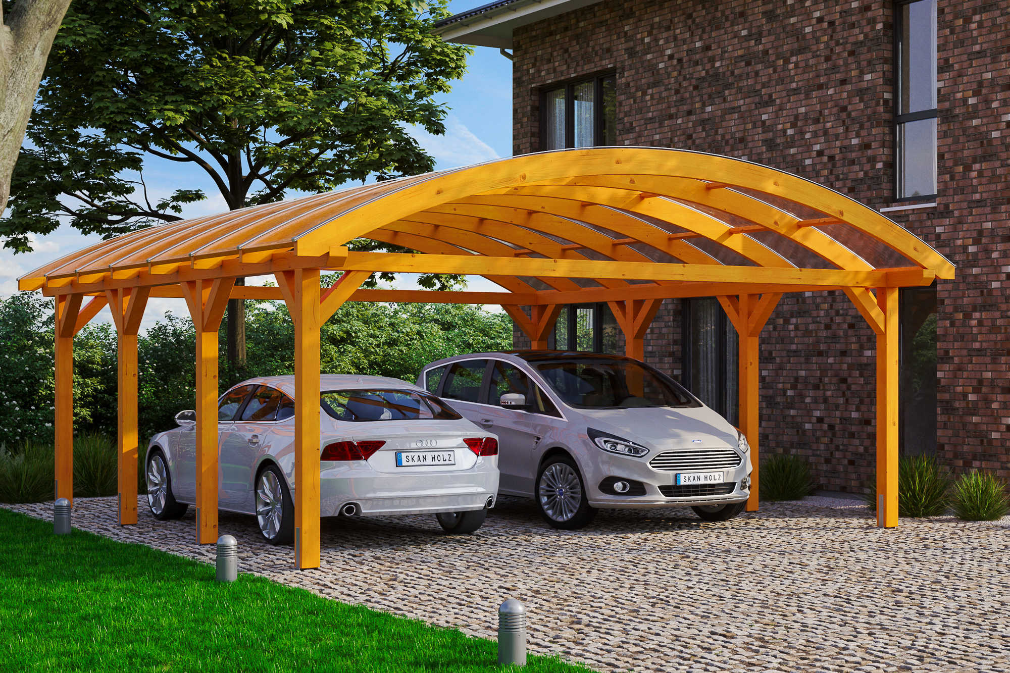 Carport Franken 635 x 755 cm, gelakt in licht eiken, met polycarbonaatplaten