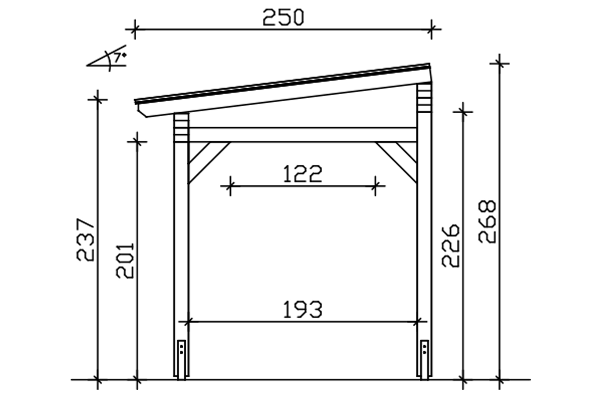 Grafik (Schnitt): Terrassenüberdachung Sanremo, Tiefe 250 cm