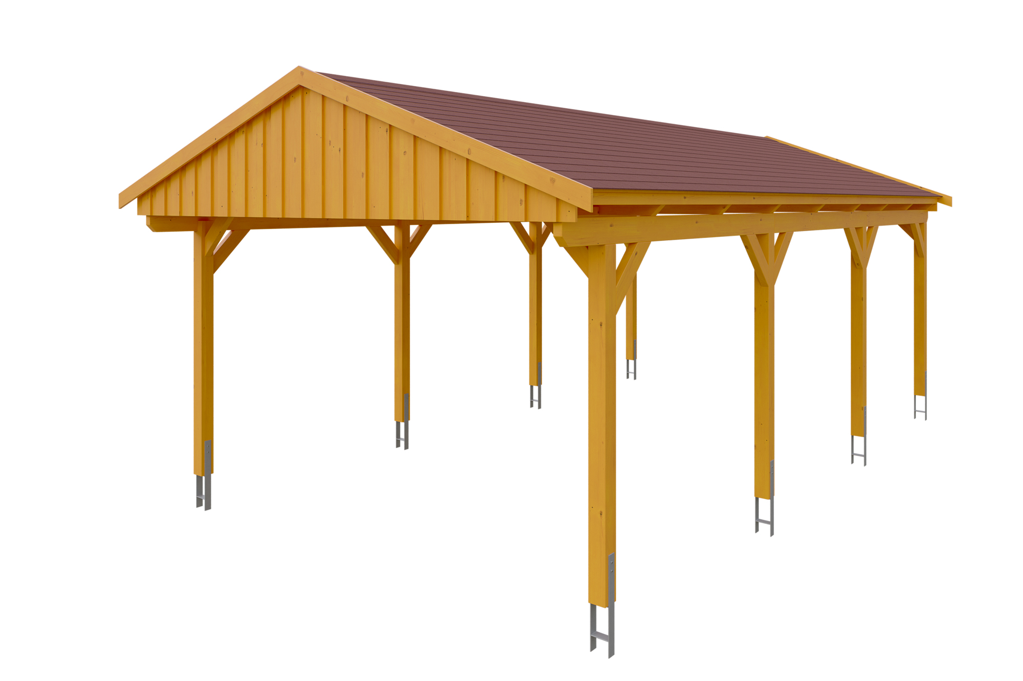 Produktbild: Carport Fichtelberg 423 x 808 cm, farblich behandelt in eiche hell, mit roten Dachschindeln