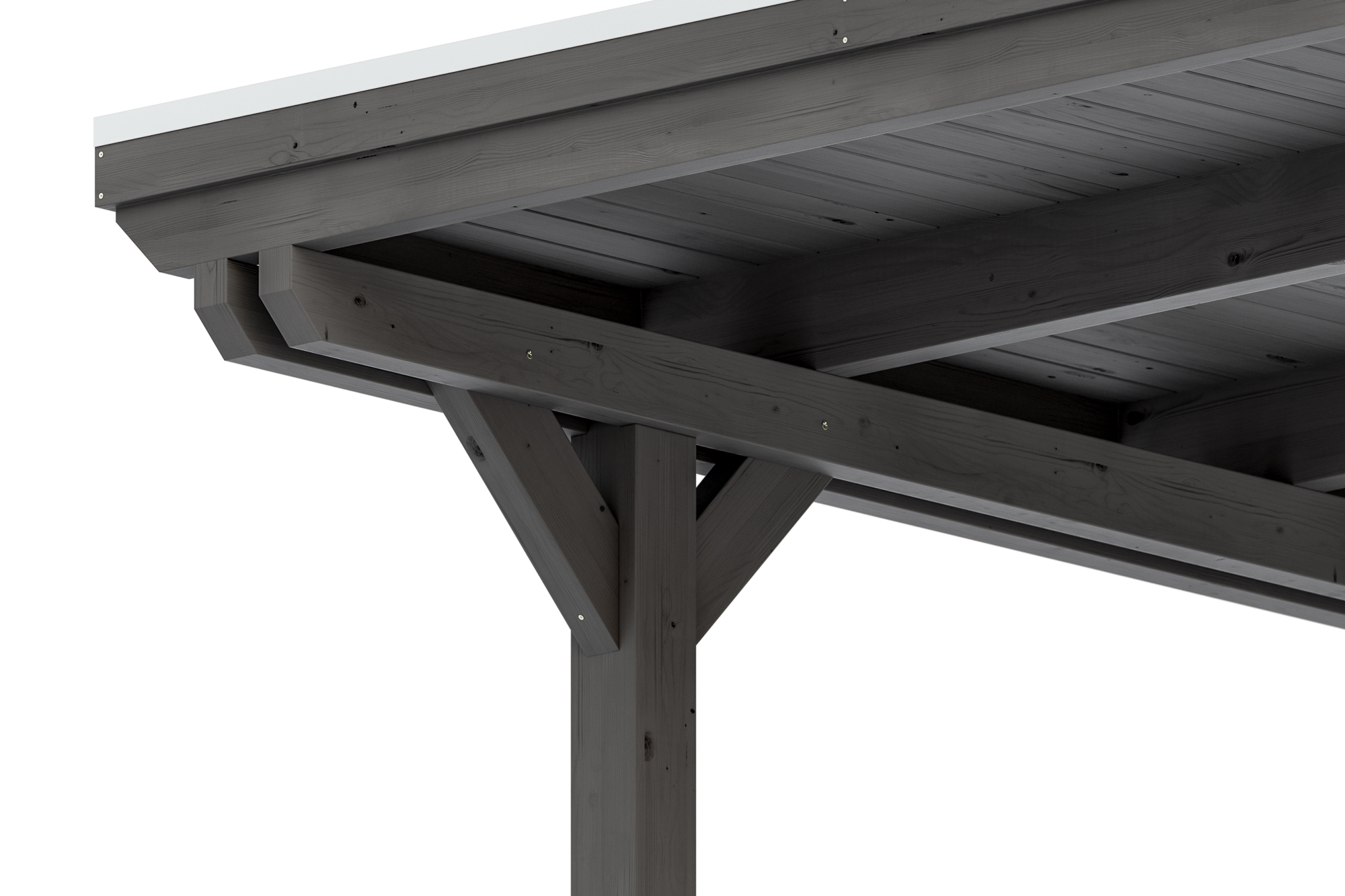 Detailbild: Konstruktion beim Carport Emsland von unten (Pfosten, Doppelpfette, Dachschalung und Blende mit Aluminiumabschlusskante), farblich behandelt in schiefergrau
