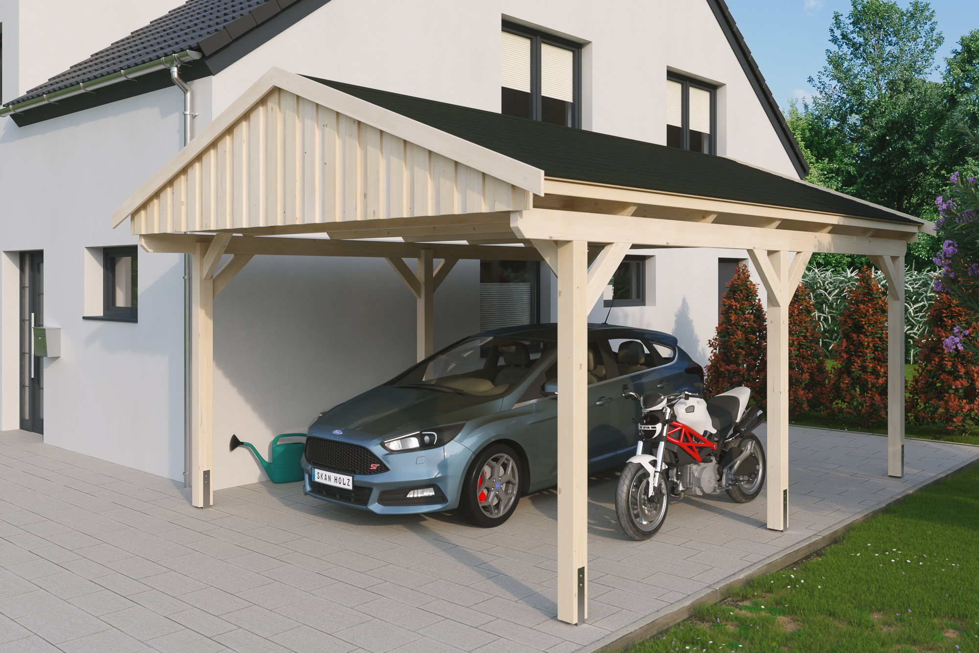 Ambientebild: Carport Fichtelberg 423 x 566 cm, natur, mit schwarzen Dachschindeln