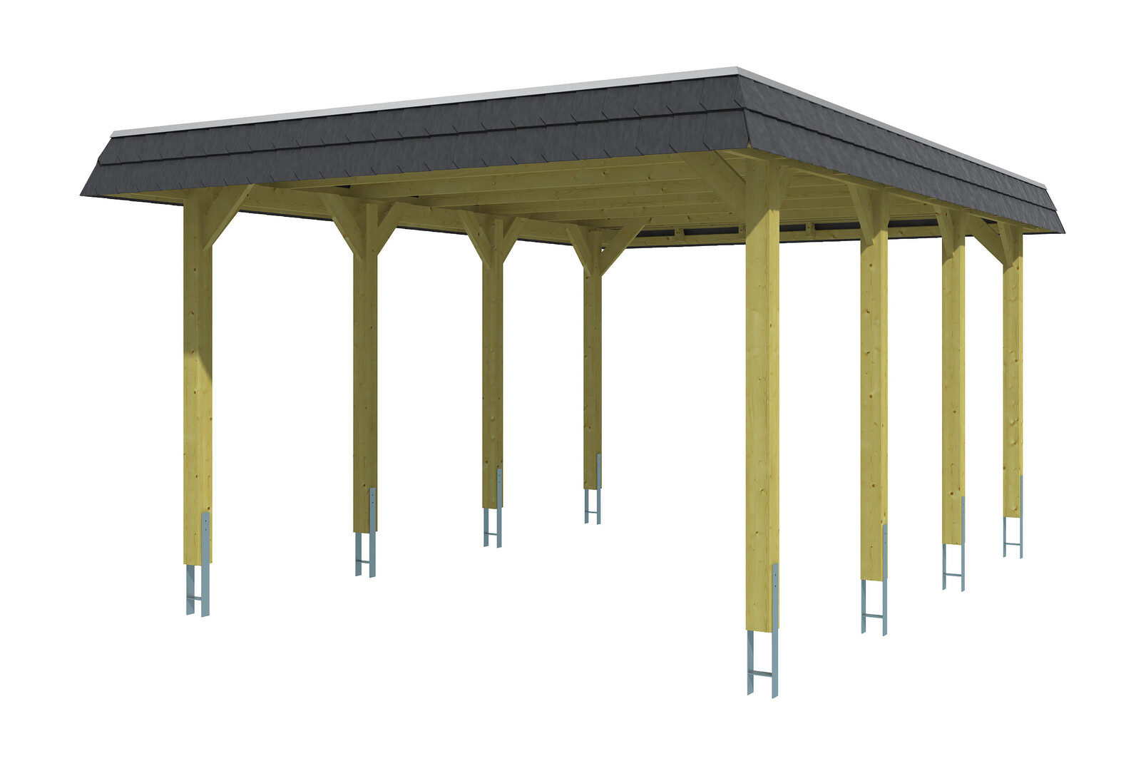 Carport SPREEWALD 396x589cm, planches de toit et EPDM, bandeau noir, bois résineux imprégné, traitement coloré noyer