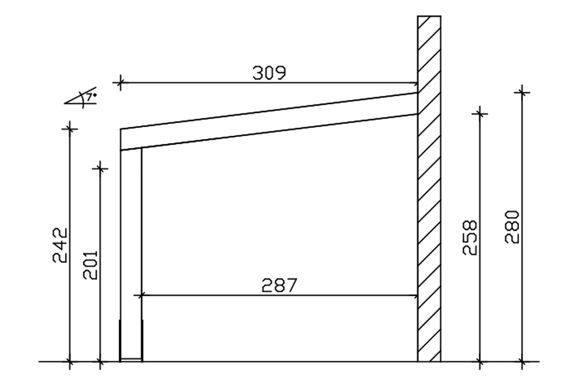 Grafik (Schnitt): Terrassenüberdachung Novara, Tiefe 309 cm