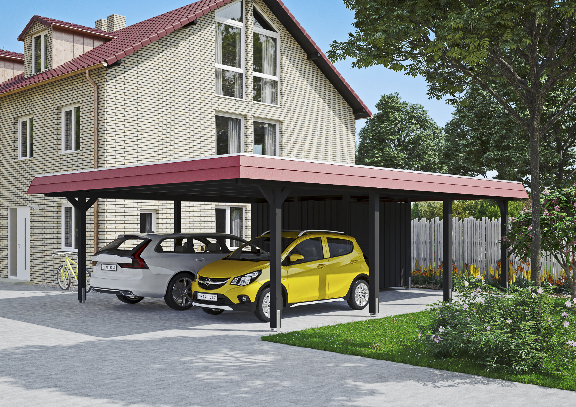 Ambientebild: Carport Wendland 630 x 879 cm, mit Abstellraum, mit roter Blende, farblich behandelt in anthrazit