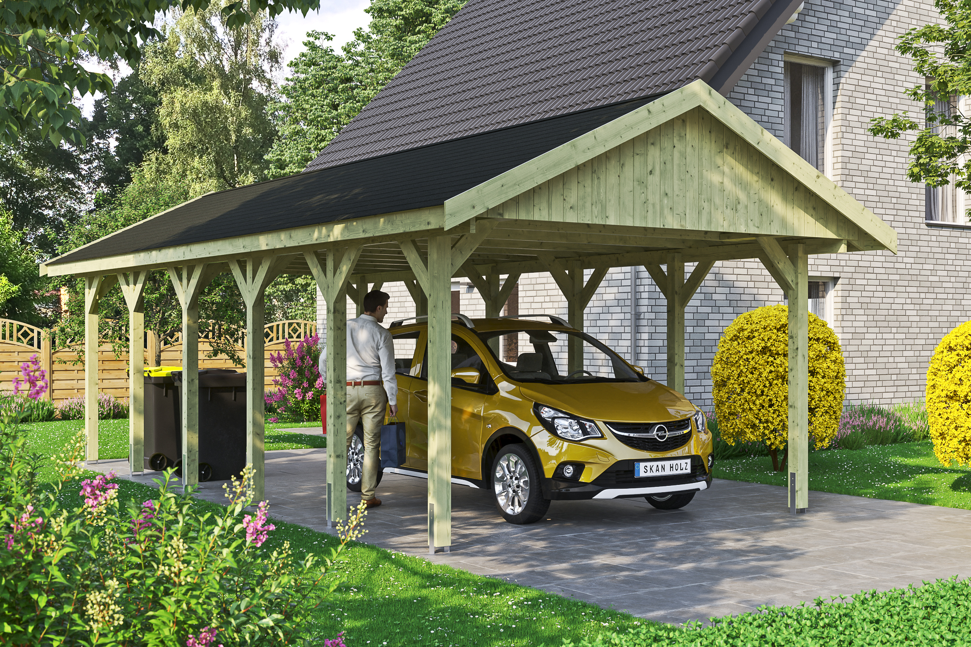 Ambientebild: Carport Wallgau 430 x 900 cm, mit schwarzen Dachschindeln, grün imprägniert 