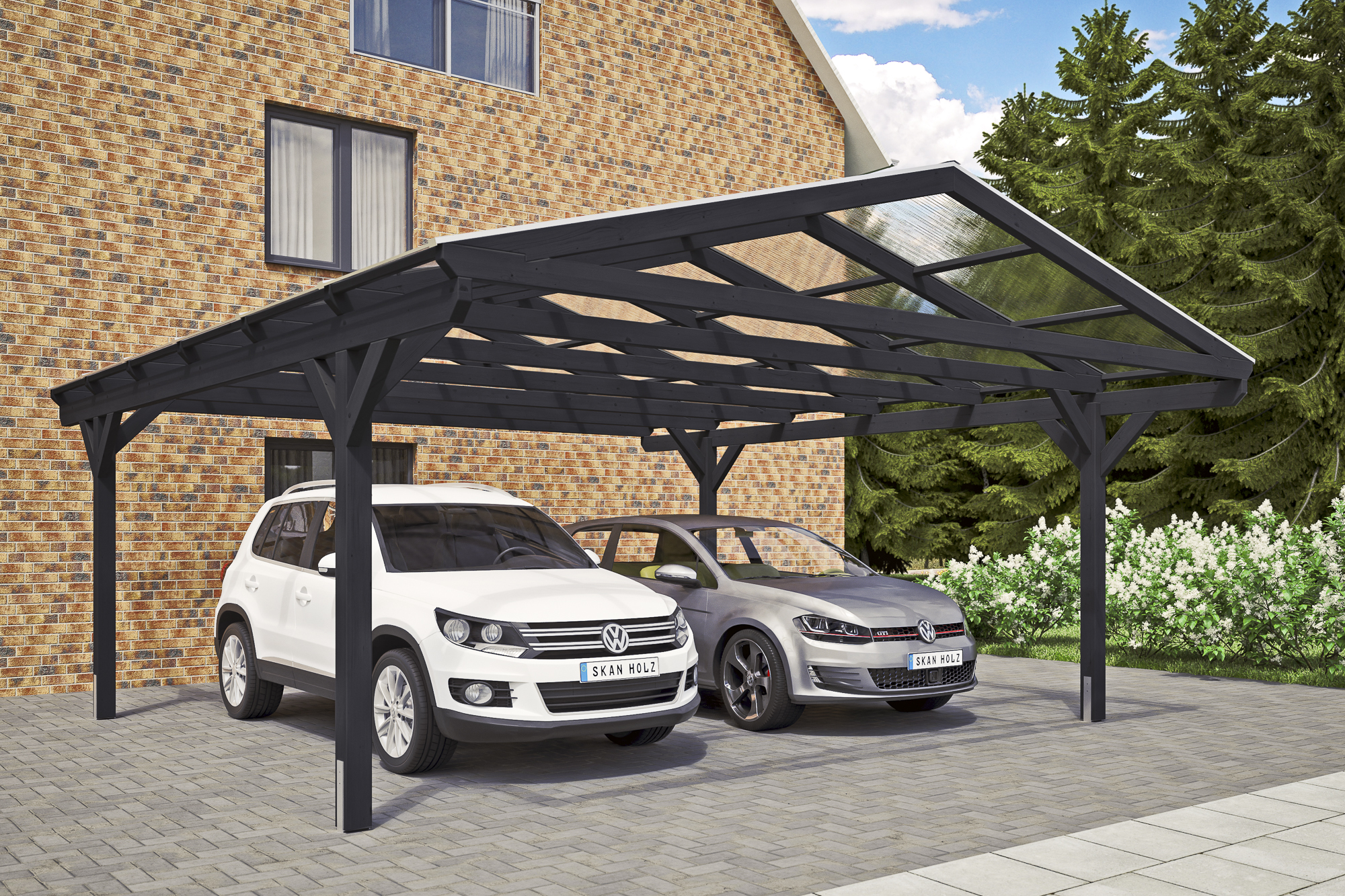 Ambientebild: Carport Westerwald 570 x 648 cm, farblich behandelt in anthrazit