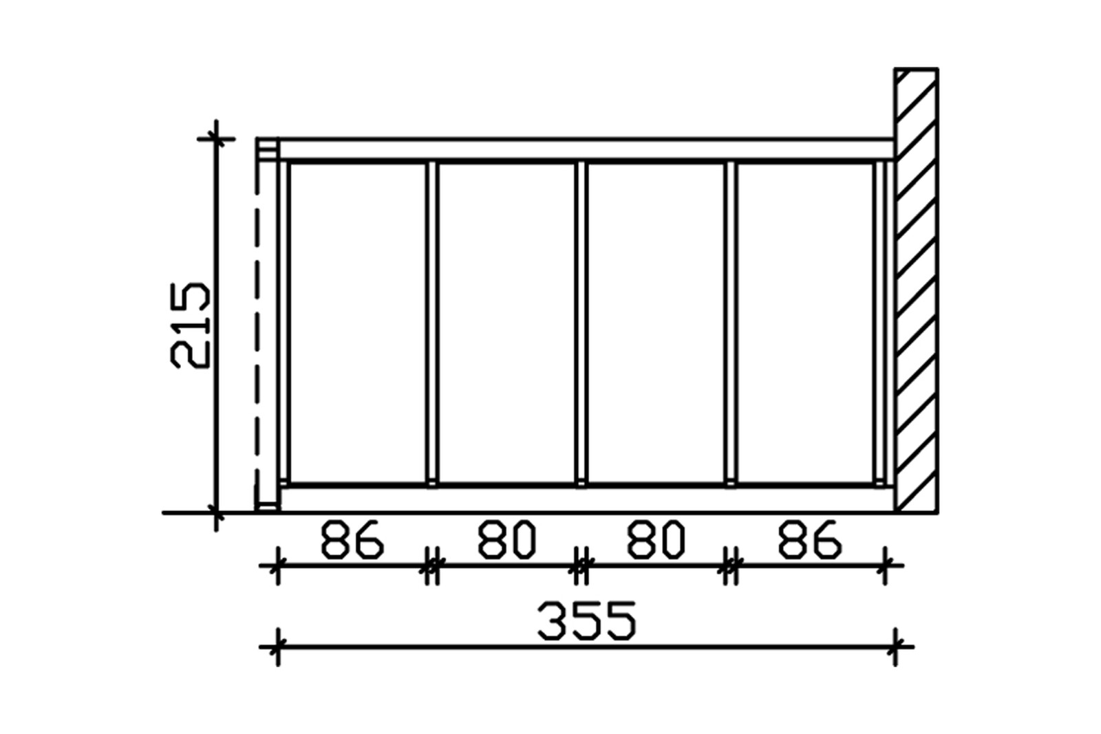 Zijwand van polycarbonaat 355 x 200 cm, voor terrasoverkapping met wandaanbouw, sparrenhout, onbehandeld