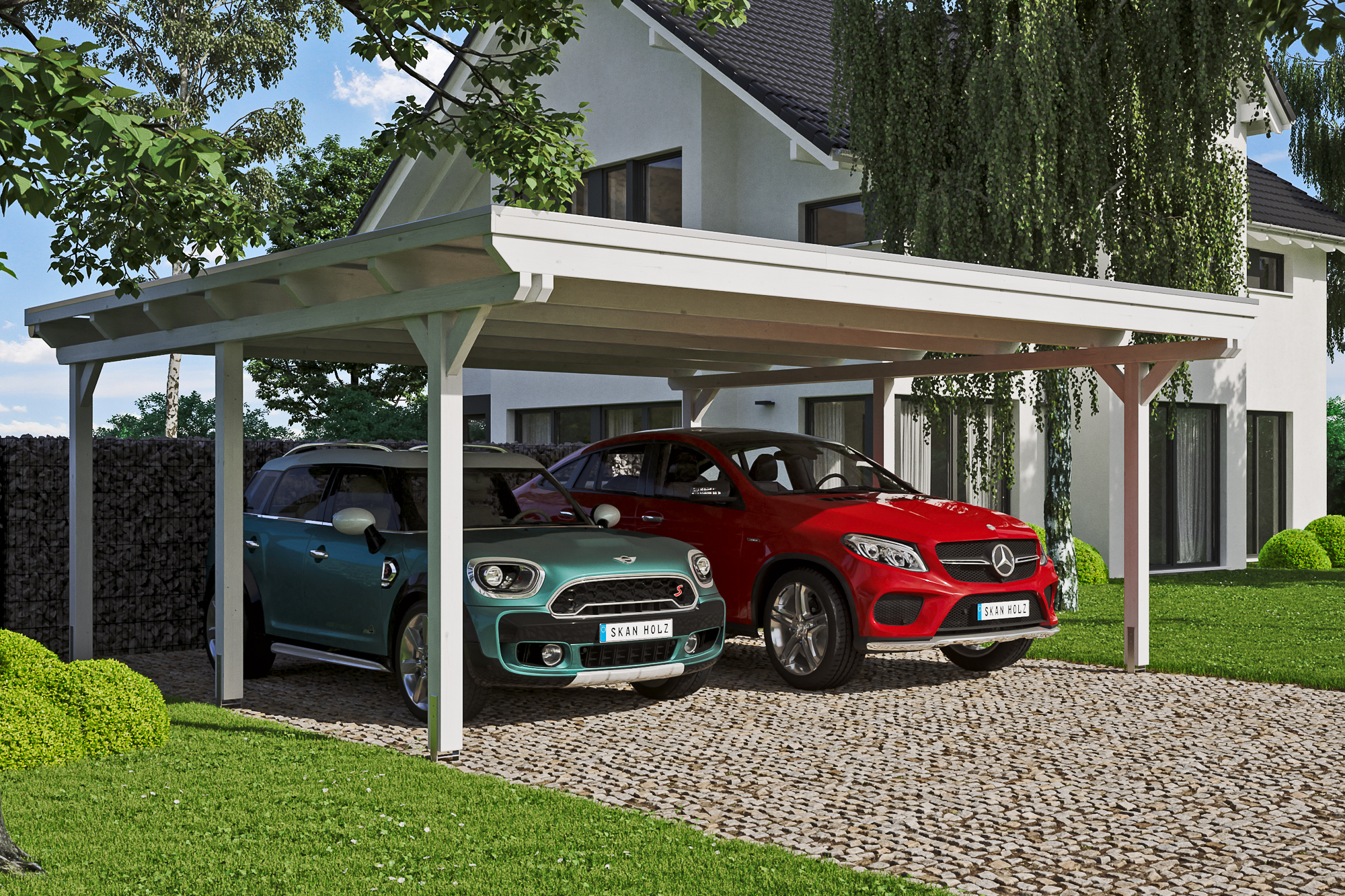Ambientebild: Carport Emsland 613 x 604 cm, farblich behandelt in weiß