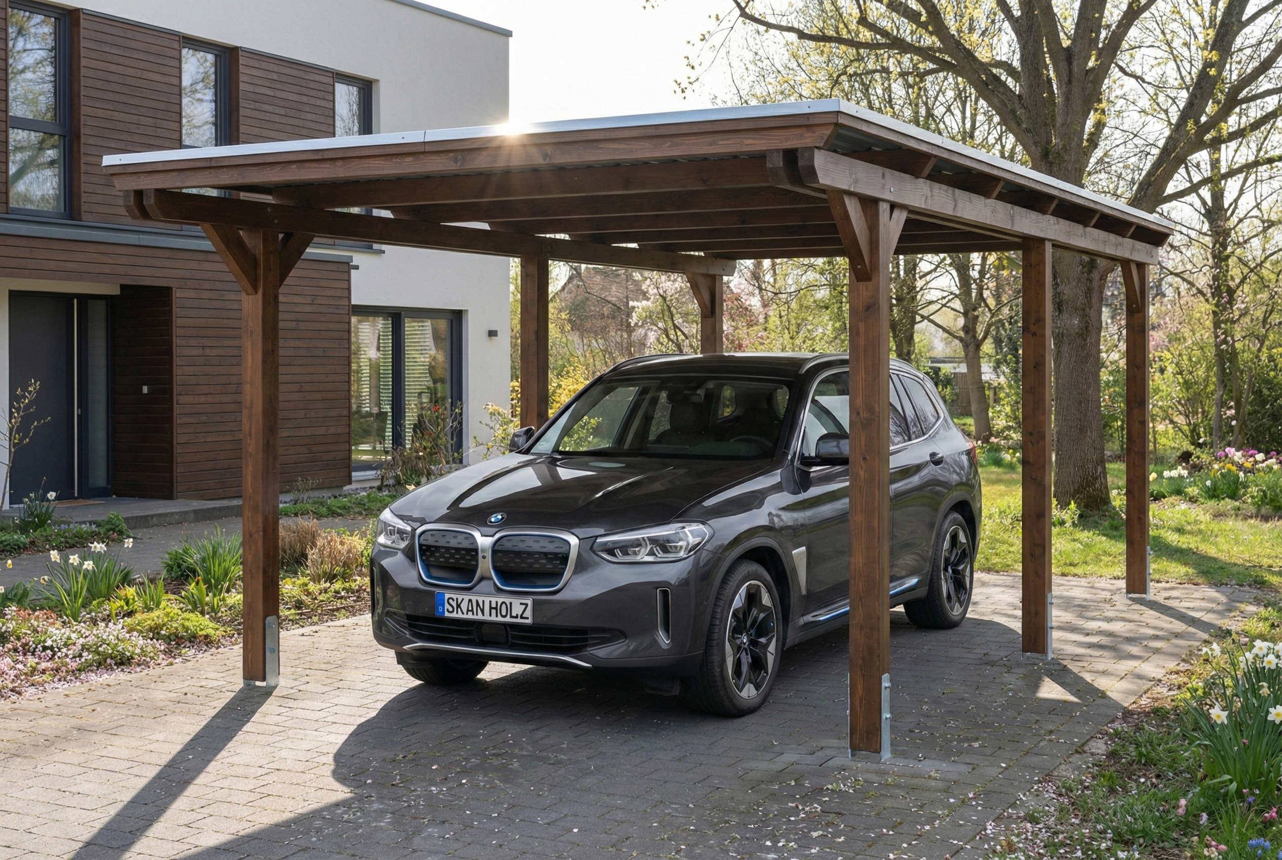 Carport Emsland 340 x 604 cm mit EPDM-Dach, nussbaum