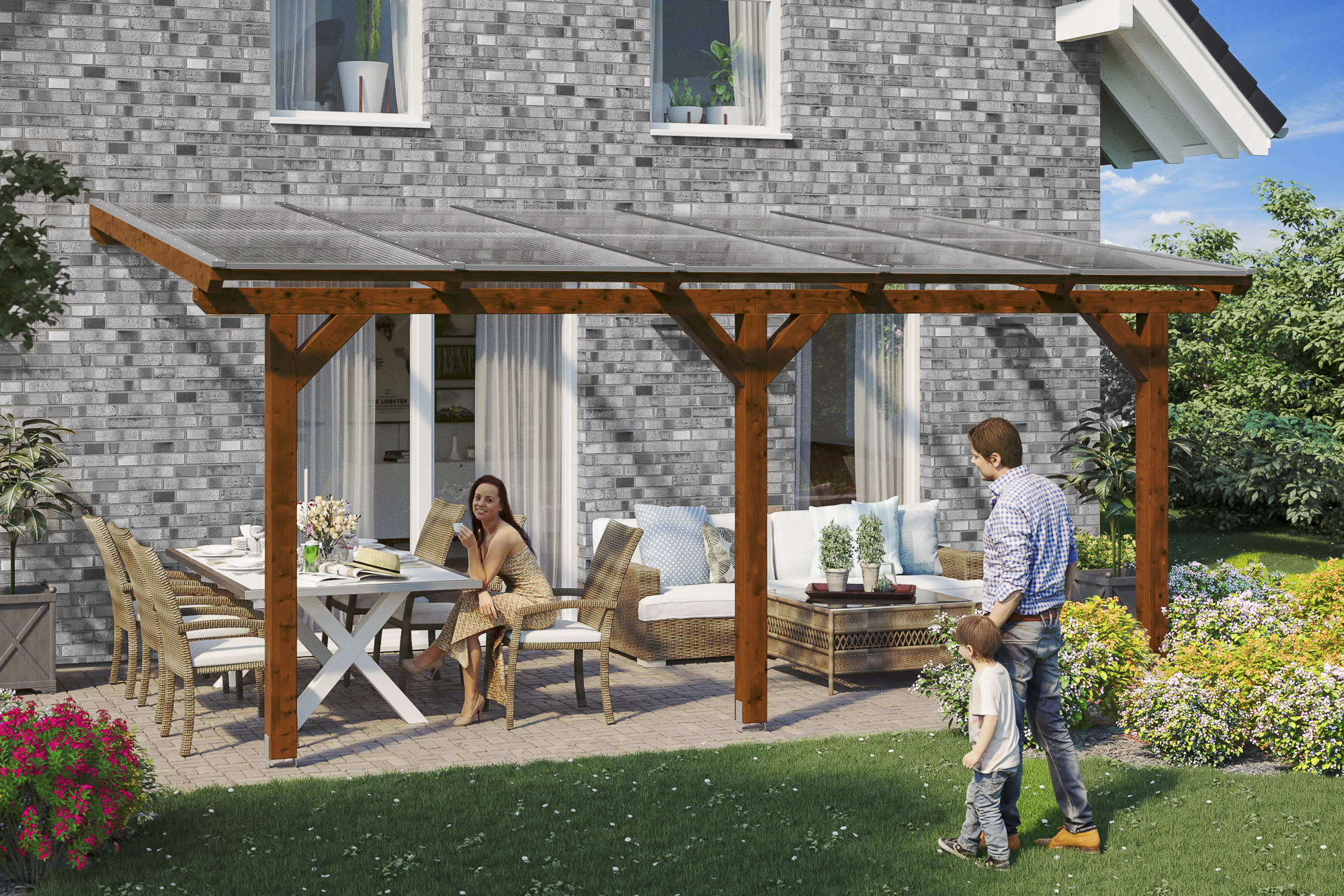 Terrasoverkapping Bormio 541 x 350 cm, gelamineerd hout, gelakt in noten