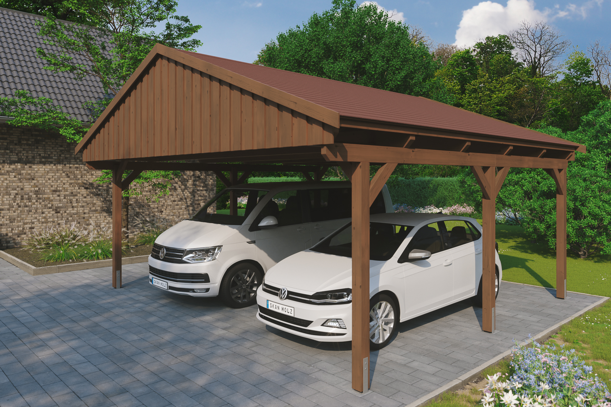 Ambientebild: Carport Fichtelberg 618 x 566 cm, farblich behandelt in nussbaum, mit roten Dachschindeln