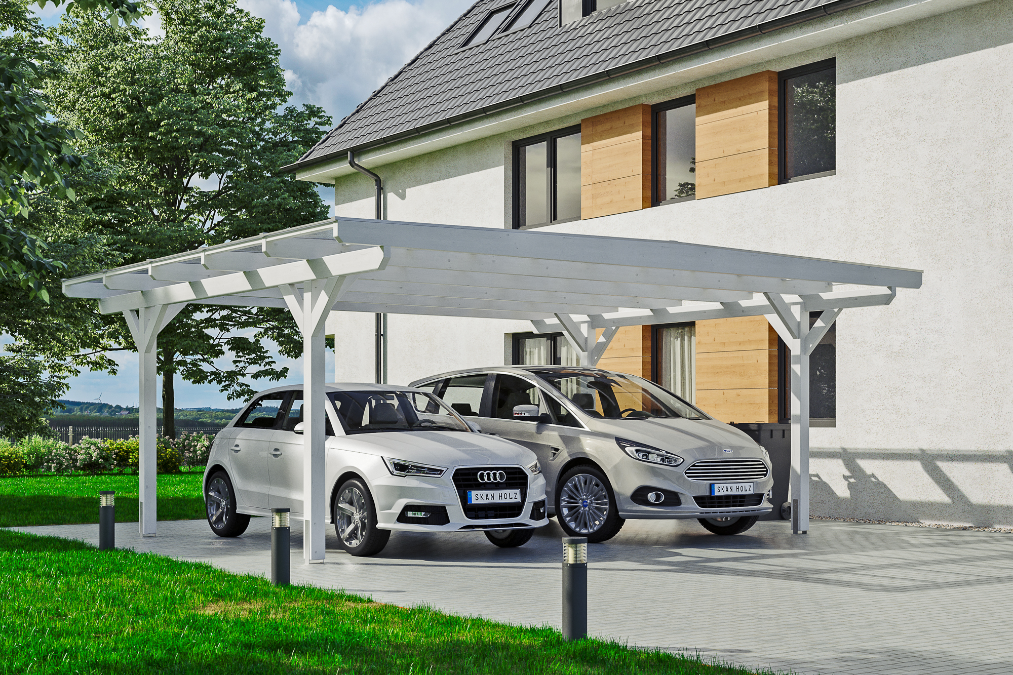 Ambientebild: Carport Odenwald 640 x 541 cm, farblich behandelt in weiß