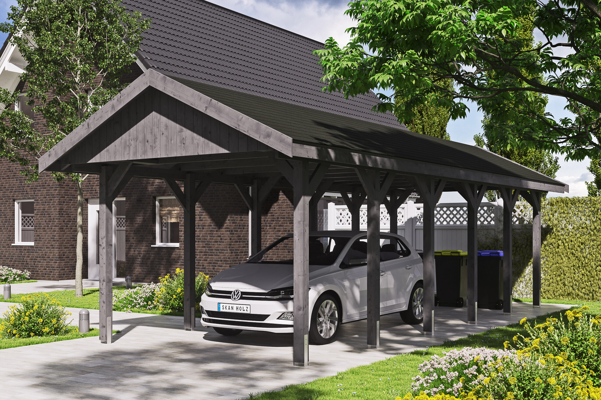Carport WALLGAU 380 x 900 cm, traitement coloré gris ardoise, avec bardeaux noirs