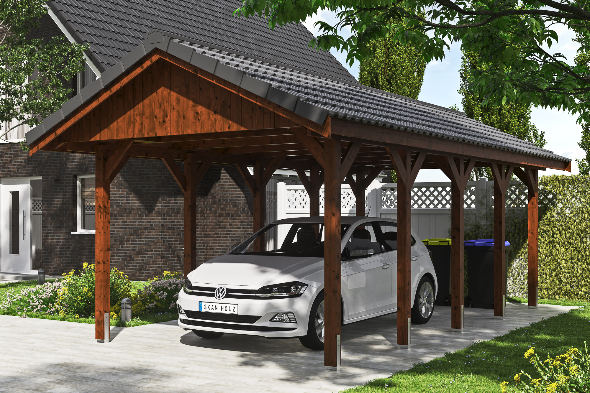 Ambientebild: Carport Wallgau 380 x 750 cm, mit Dachziegeln, farblich behandelt in nussbaum