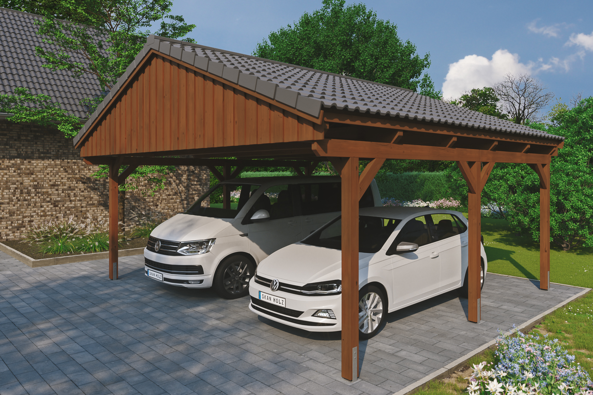 Ambientebild: Carport Fichtelberg 618 x 566 cm, farblich behandelt in nussbaum, mit Dachziegeln
