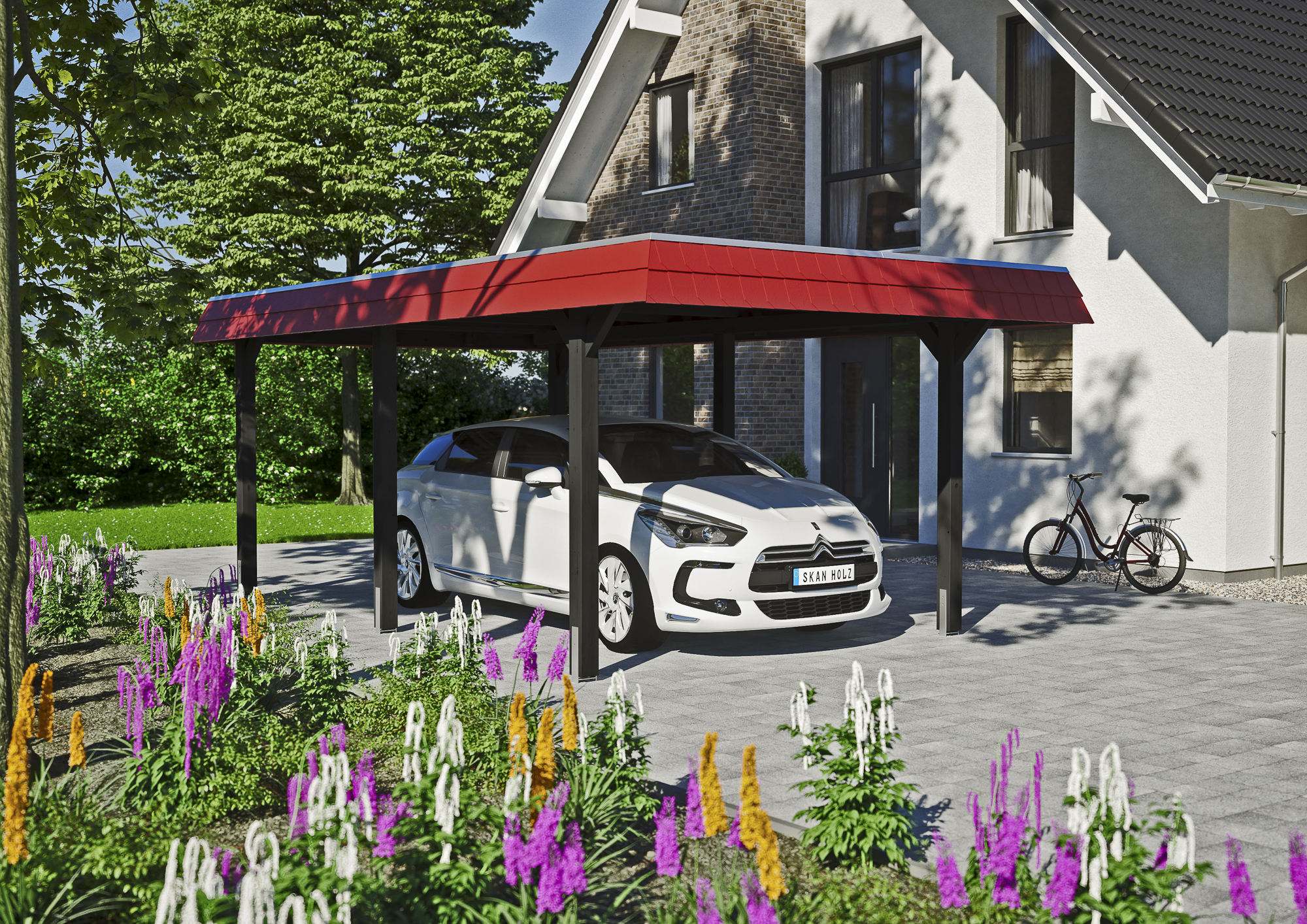 Ambientebild: Carport Wendland 362 x 628 cm, mit roter Blende, farblich behandelt in anthrazit
