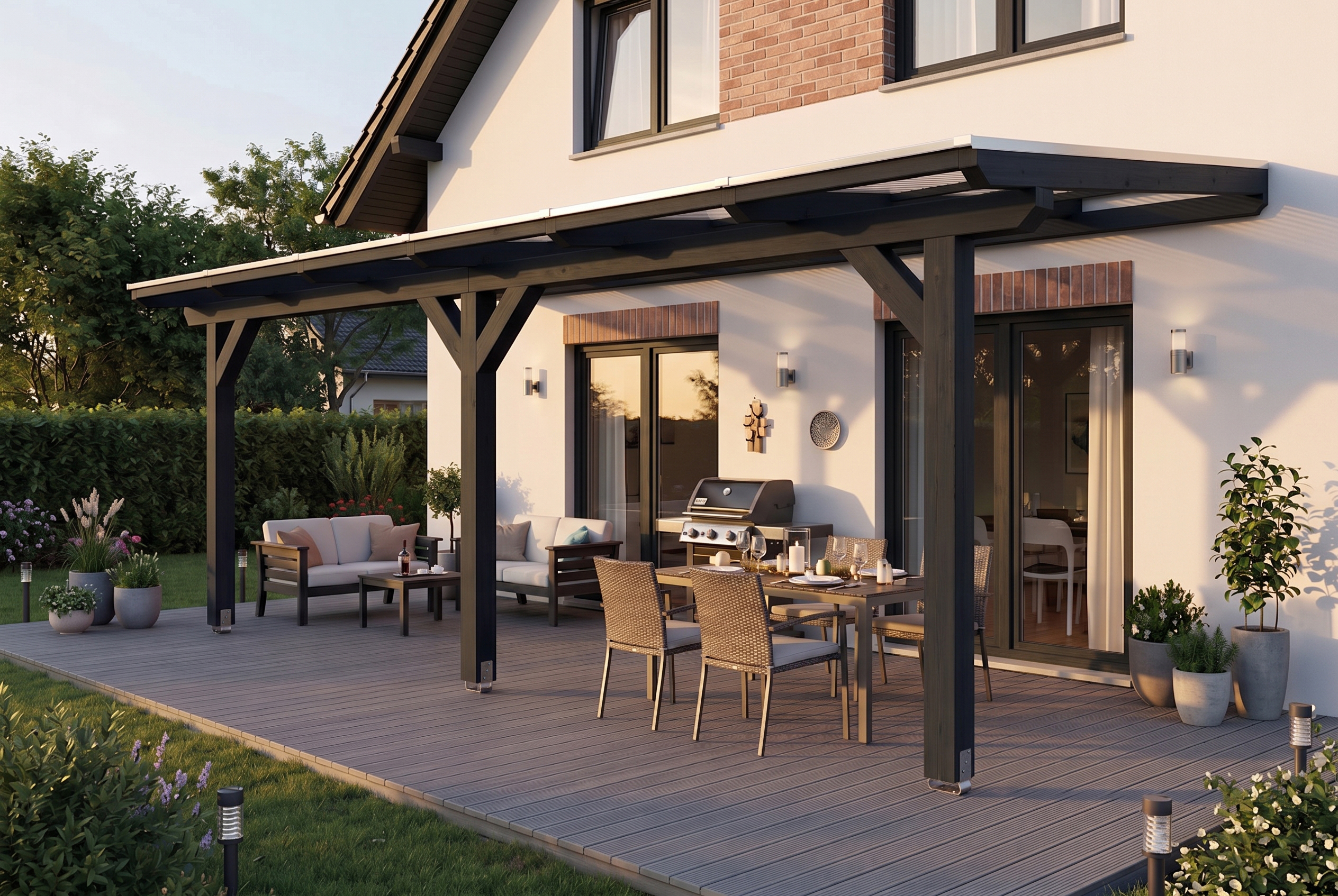 Pergola adossée ANDRIA 648x400cm, bois lamellé-collé, traitement coloré anthracite